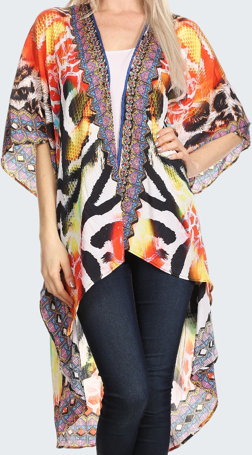 Colorful patterned kimono over a plain background