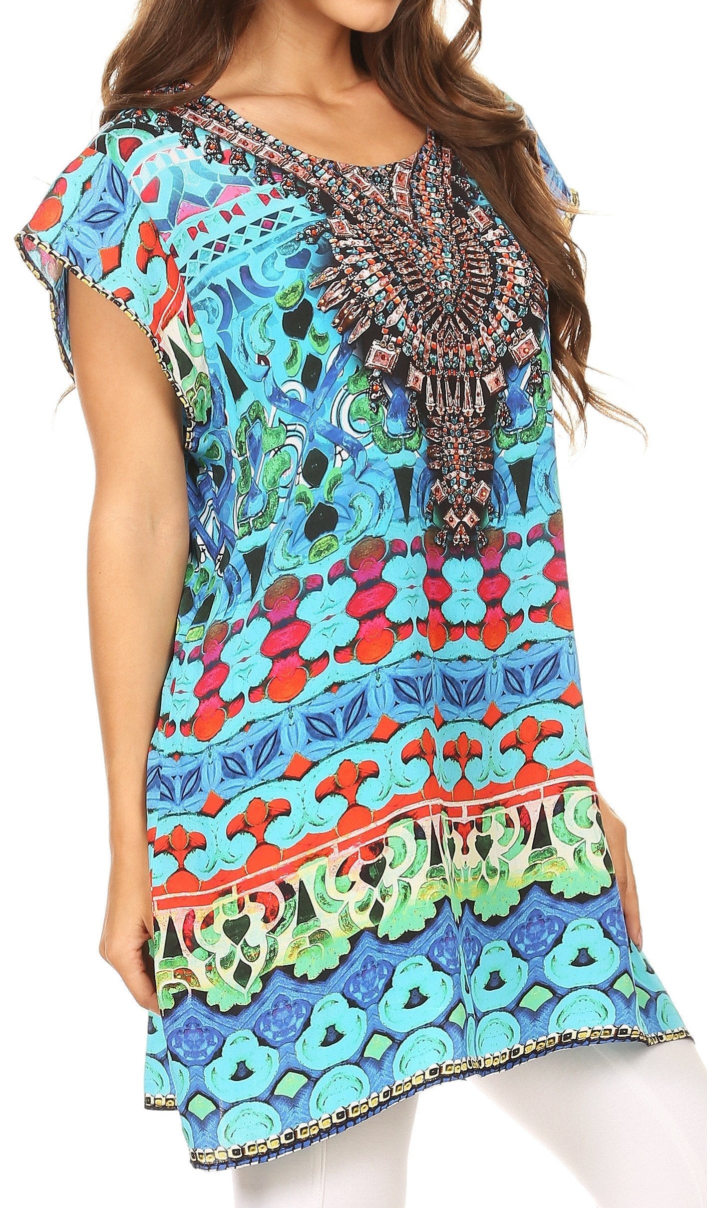 Colorful patterned dress with embellishments on a white background