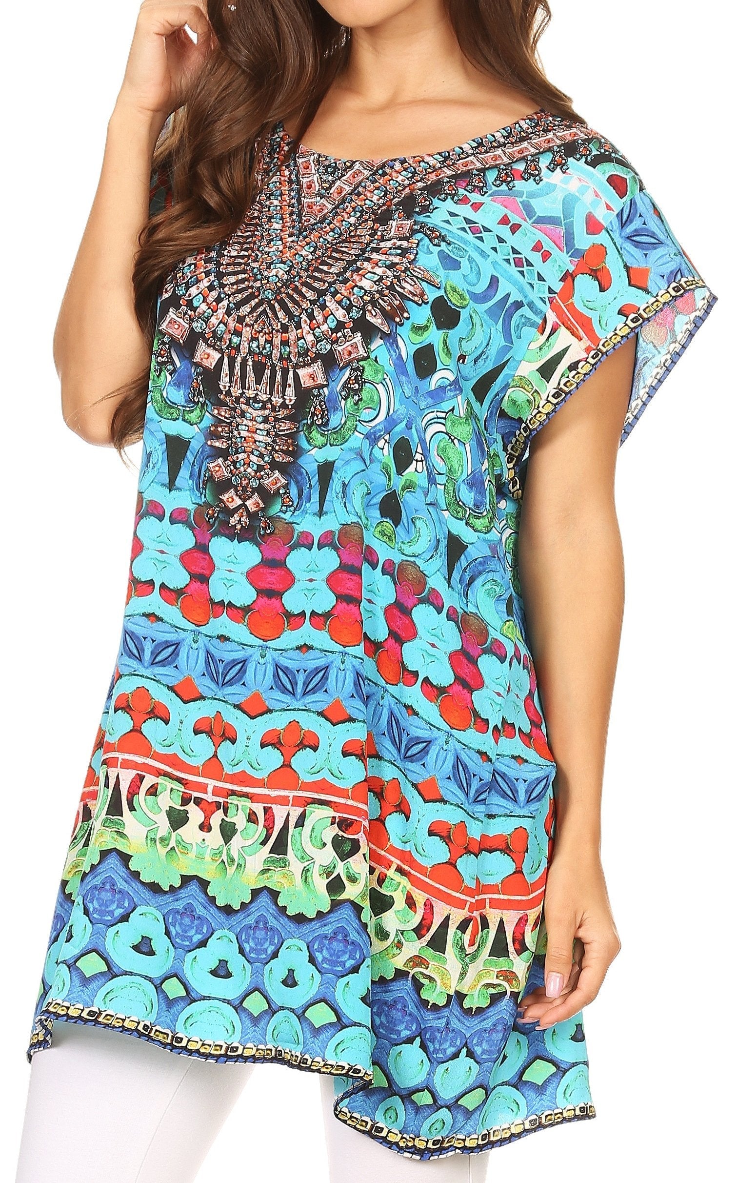 Woman wearing a colorful patterned dress with embellishments.