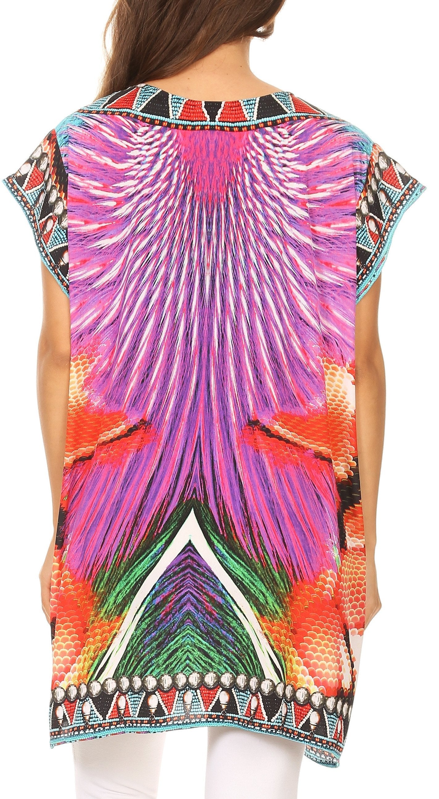 Colorful patterned top worn by a person on a white background