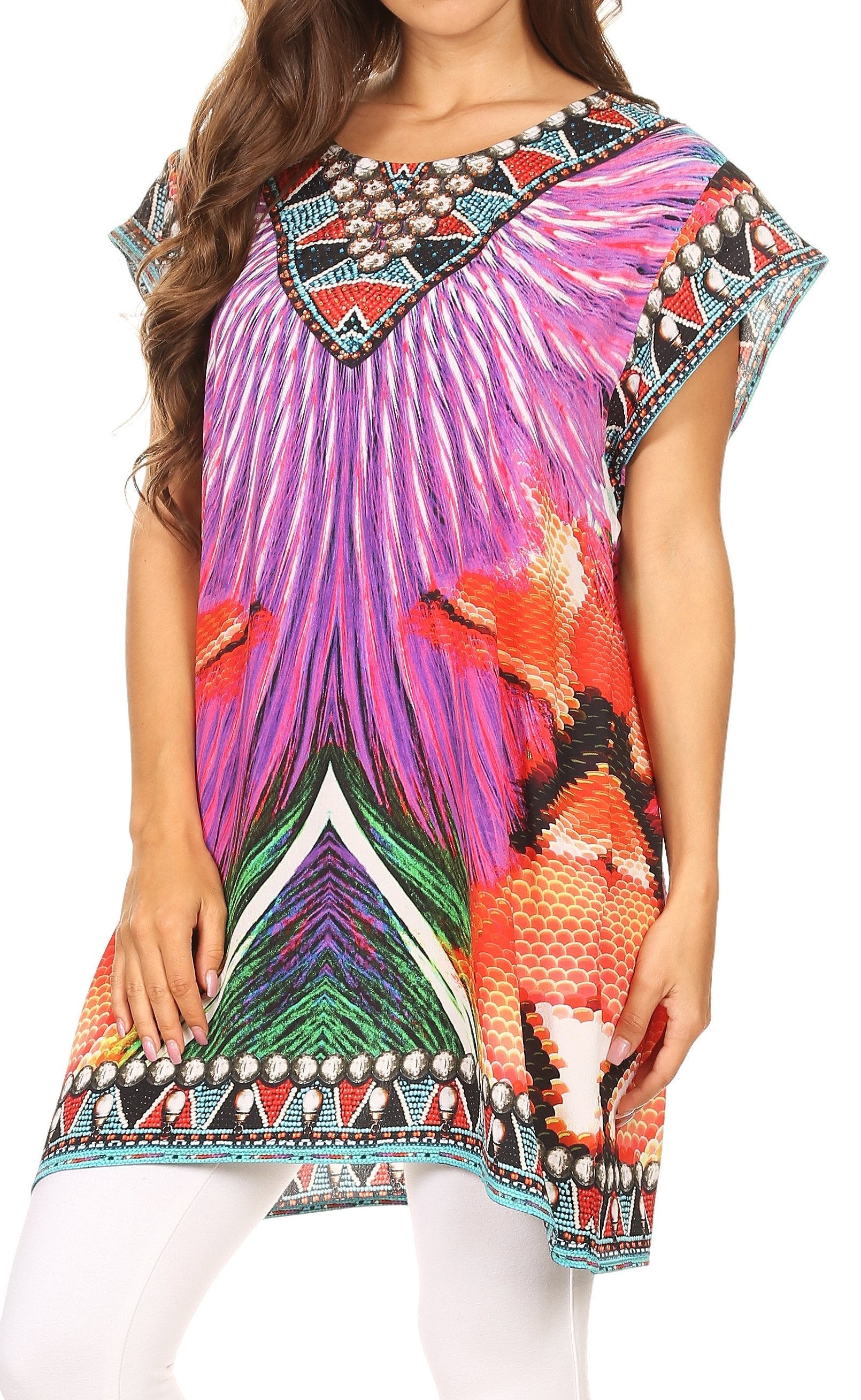 Colorful patterned dress with fish design worn by a model