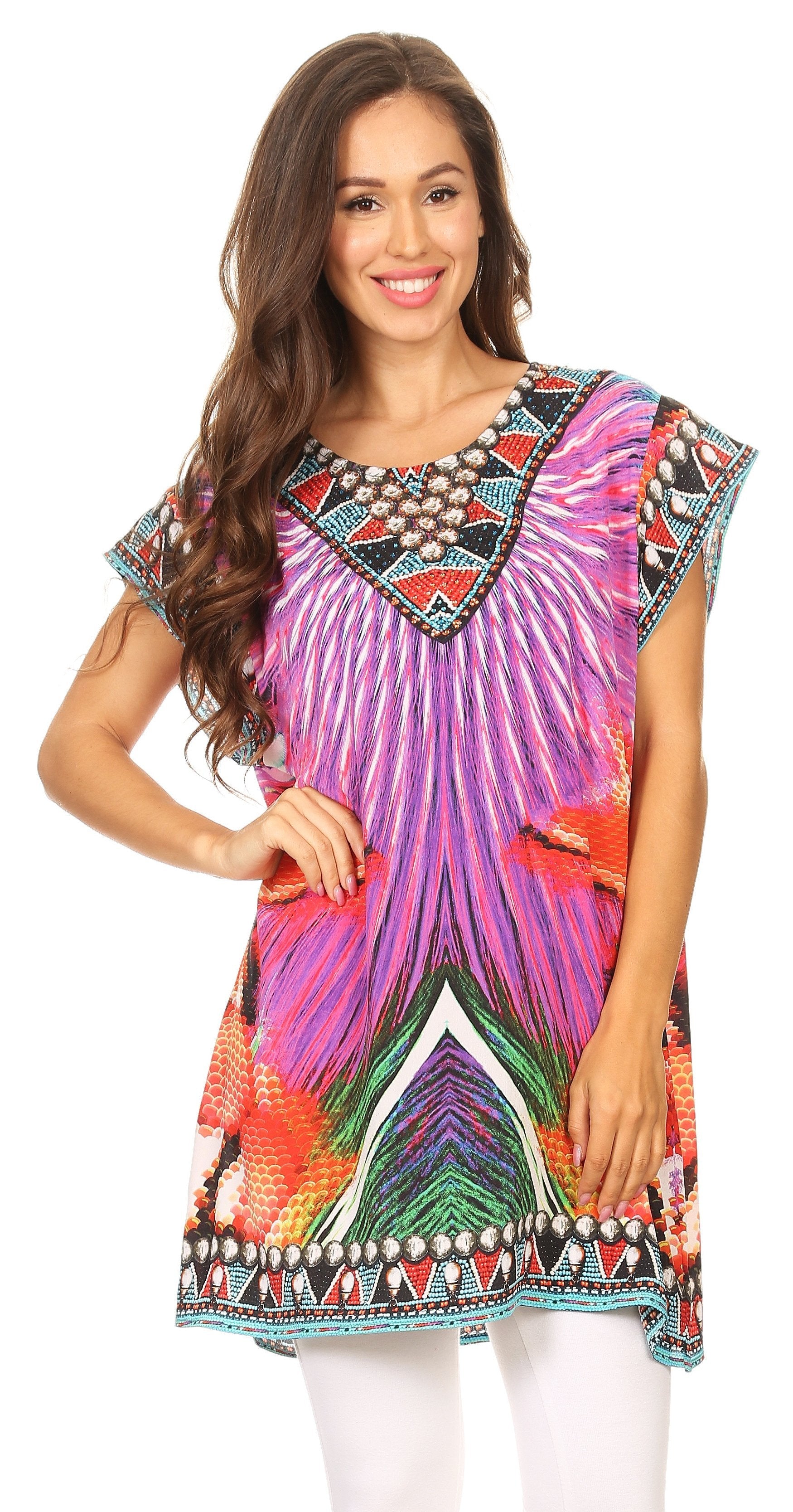 Woman wearing a colorful patterned dress on a white background