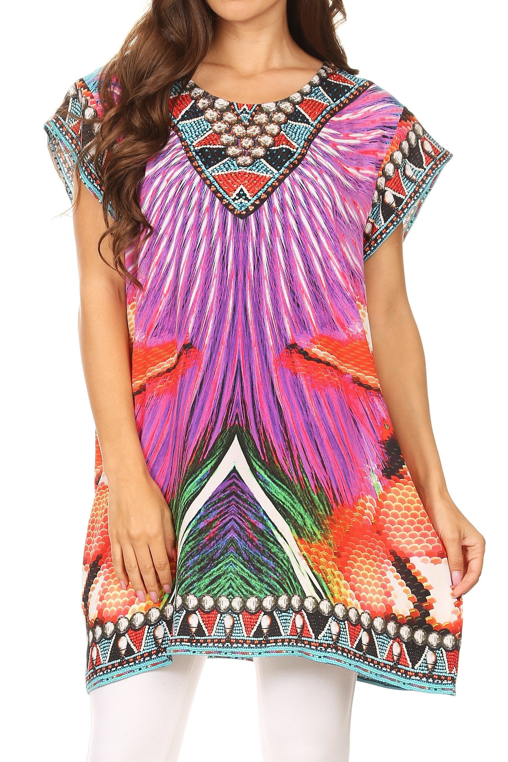 Multicolored patterned dress with embellishments on a white background