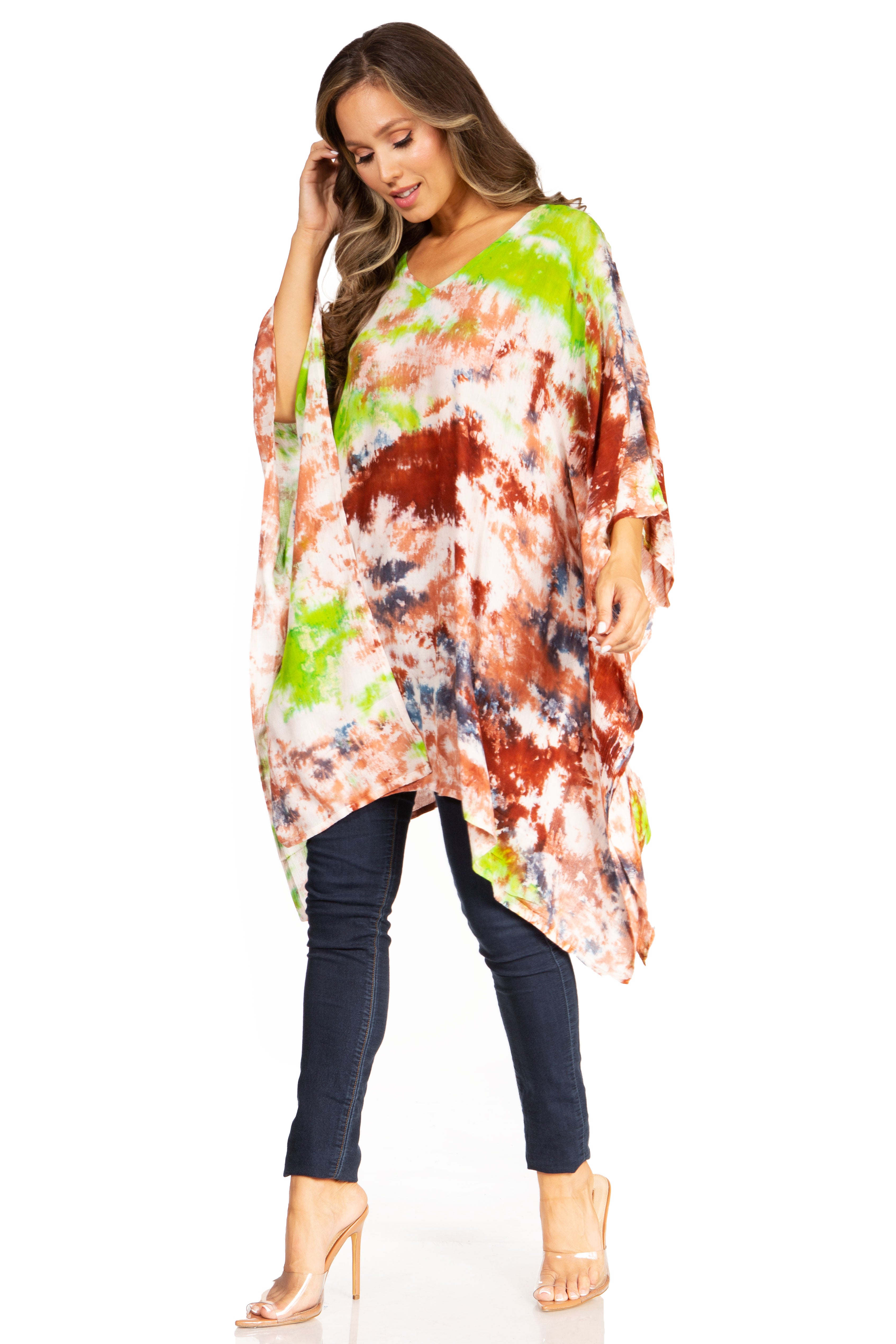 Sakkas - Adalwin Second Tie Dye Desert Sun Circle Poncho Tunic Top Blouse W/Embroidery