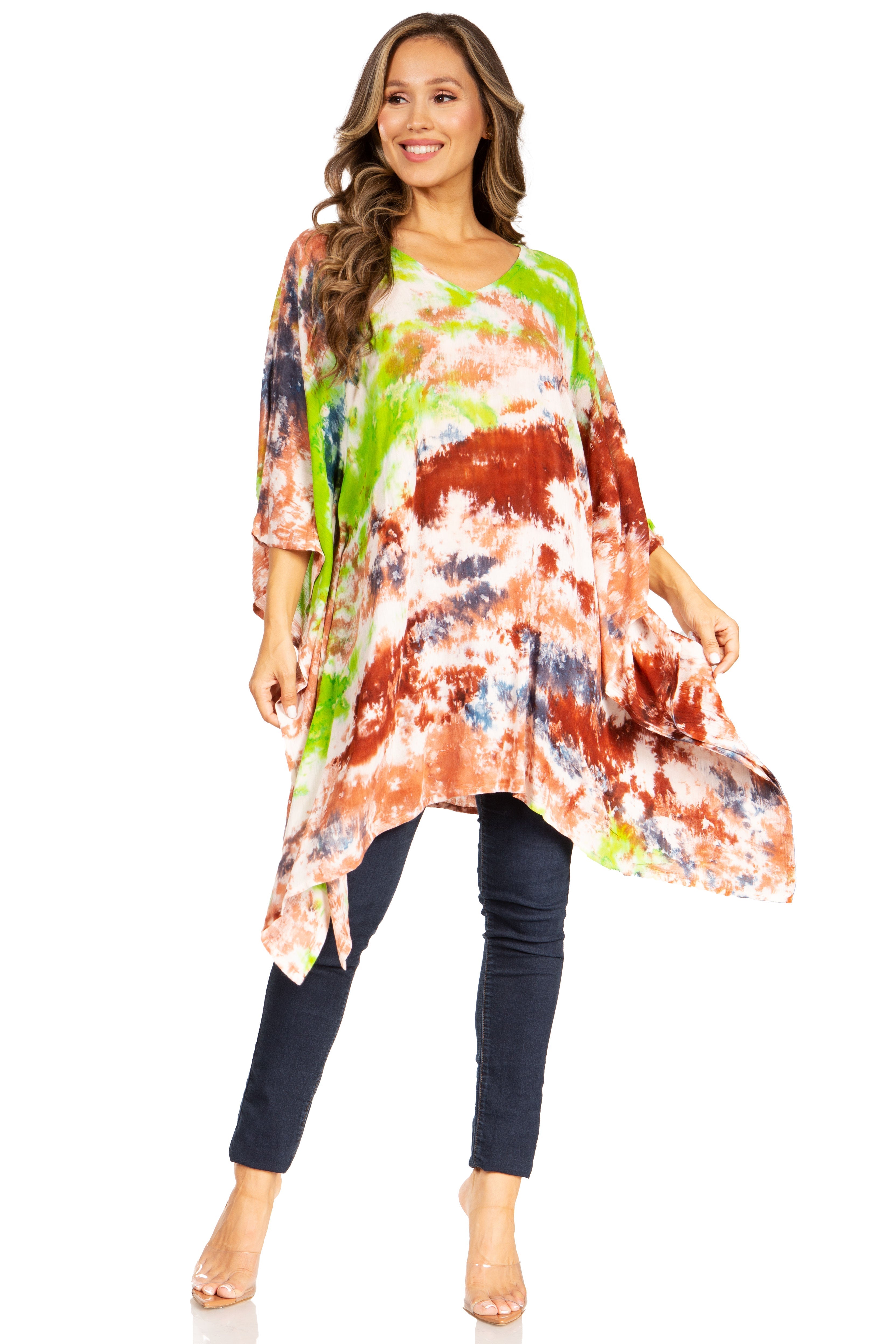 Sakkas - Adalwin Second Tie Dye Desert Sun Circle Poncho Tunic Top Blouse W/Embroidery