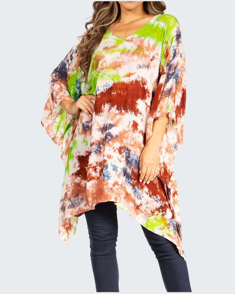 Colorful tie-dye kimono-style top worn by a person on a white background