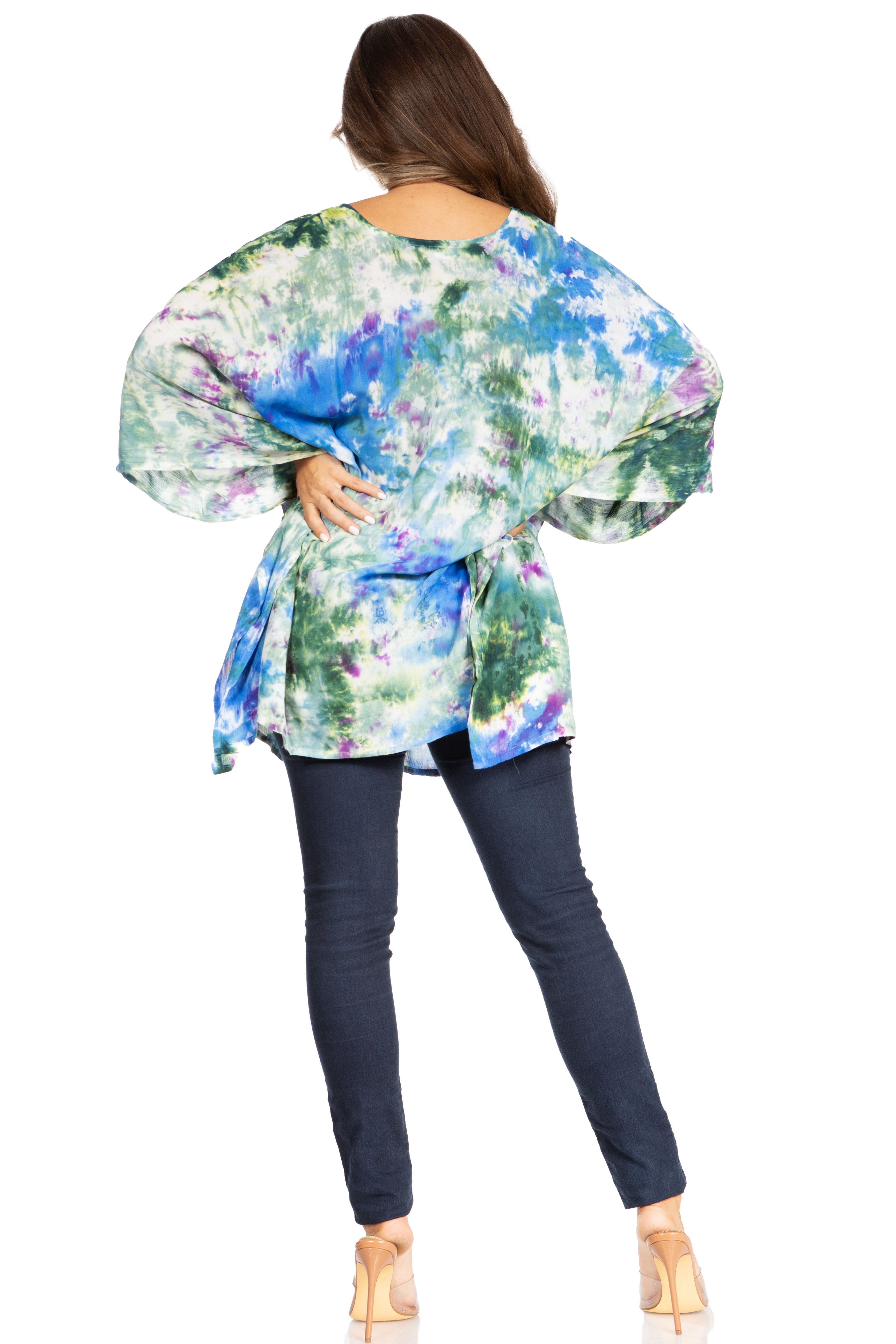 Sakkas - Adalwin Second Tie Dye Desert Sun Circle Poncho Tunic Top Blouse W/Embroidery