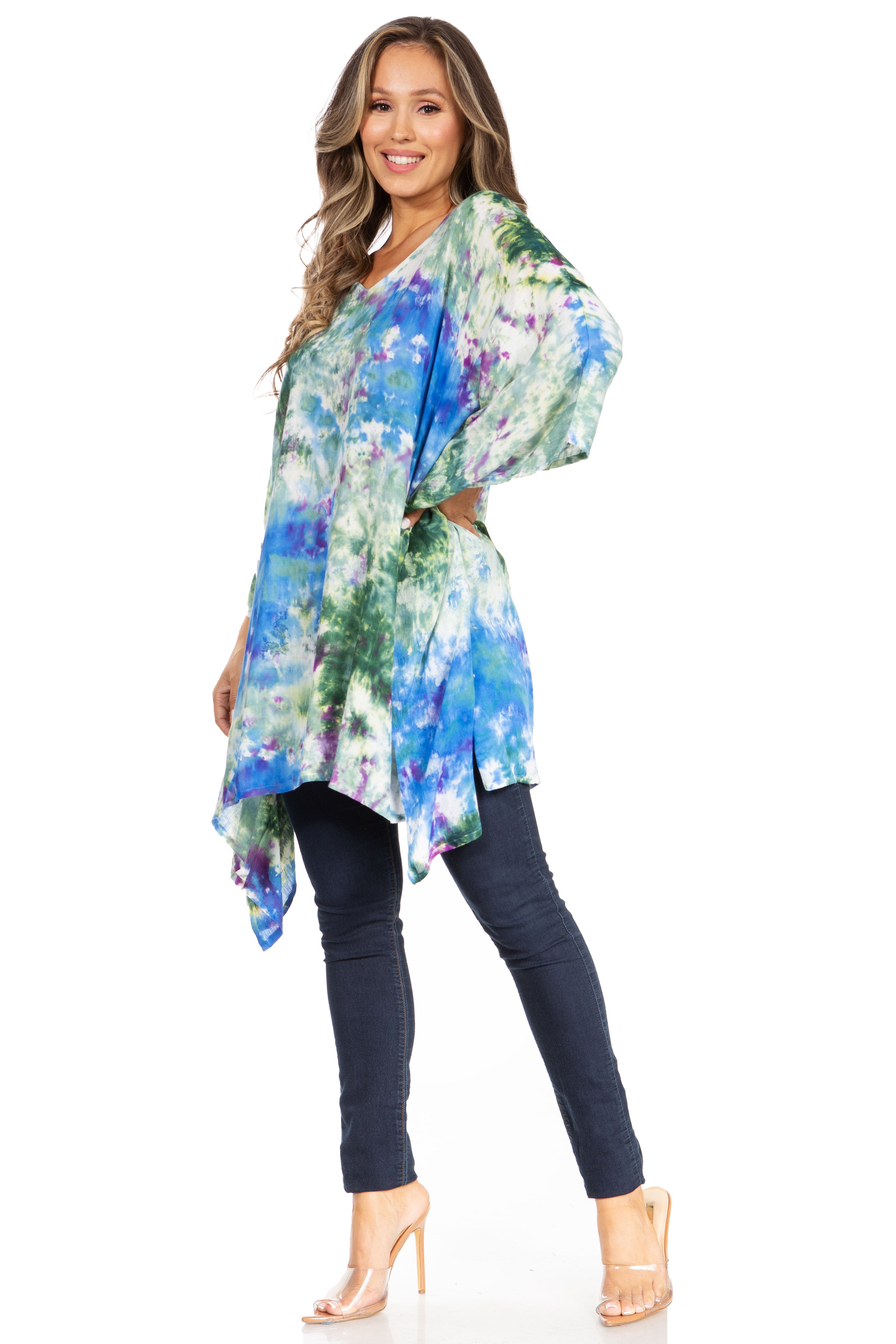 Sakkas - Adalwin Second Tie Dye Desert Sun Circle Poncho Tunic Top Blouse W/Embroidery