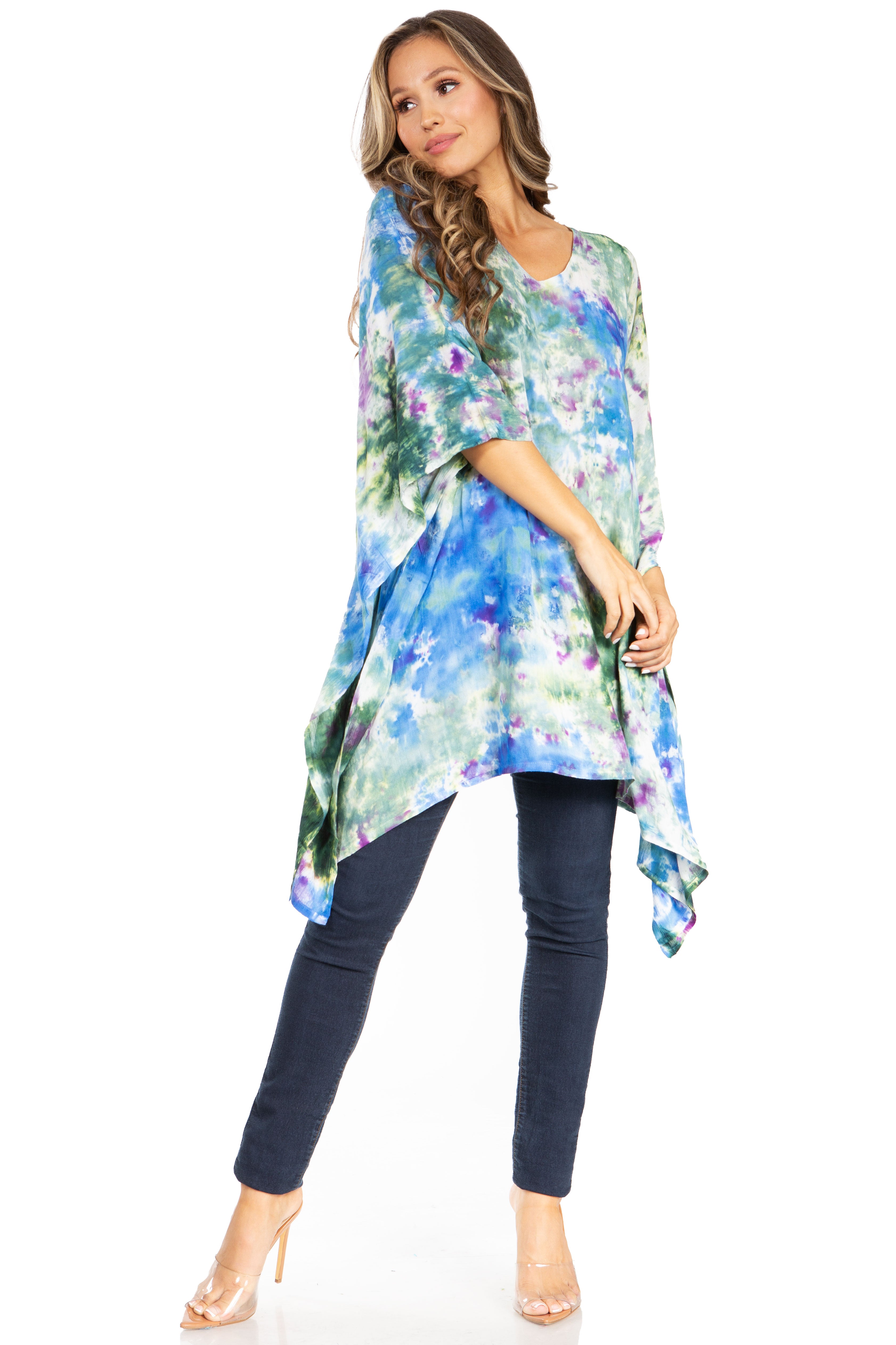 Sakkas - Adalwin Second Tie Dye Desert Sun Circle Poncho Tunic Top Blouse W/Embroidery