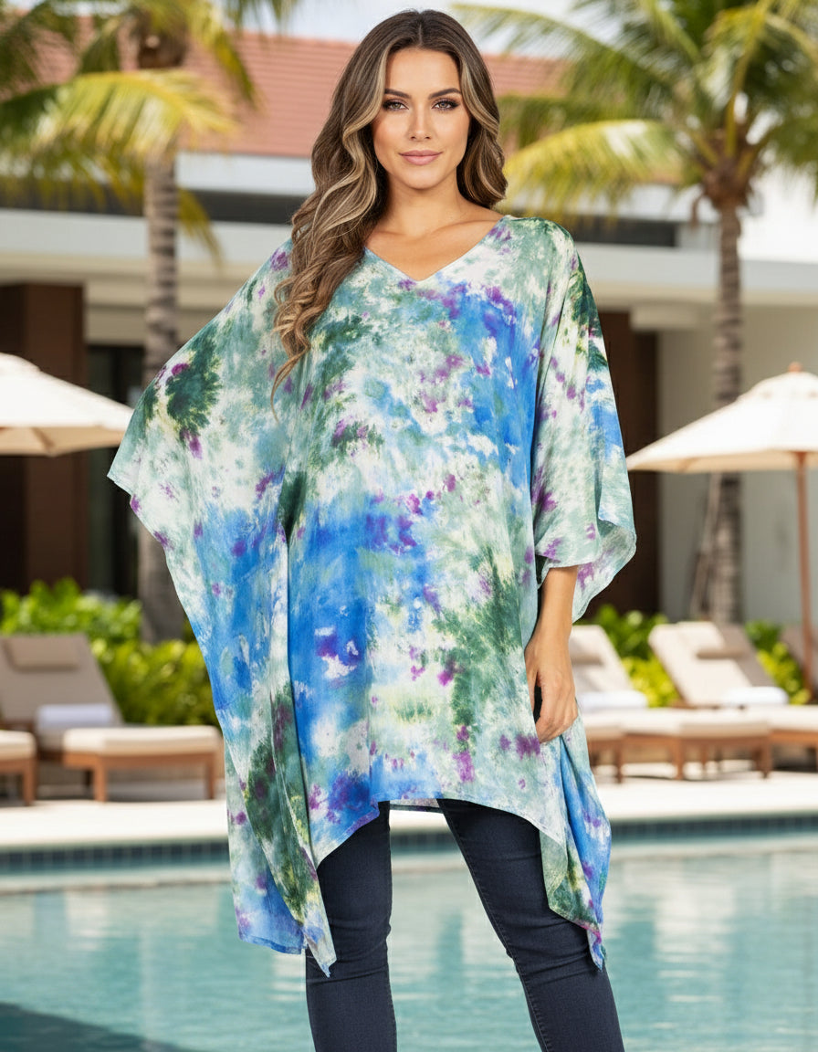 Multicolored floral kimono-style top worn by a model on a white background