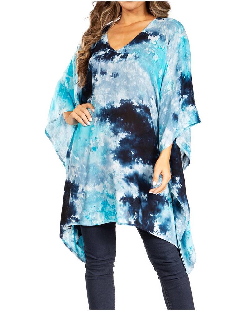 Sakkas - Adalwin Second Tie Dye Desert Sun Circle Poncho Tunic Top Blouse W/Embroidery