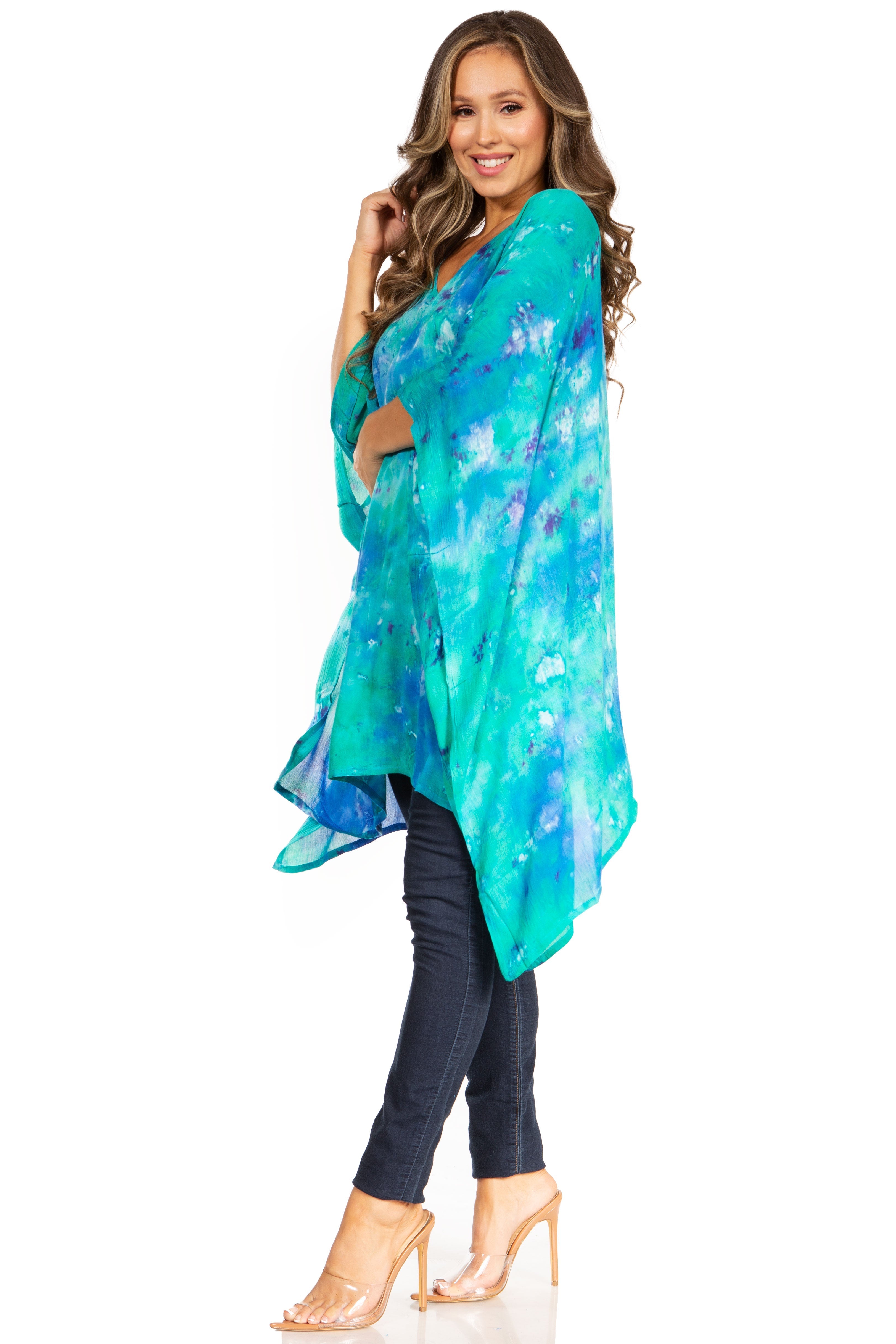 Sakkas - Adalwin Second Tie Dye Desert Sun Circle Poncho Tunic Top Blouse W/Embroidery