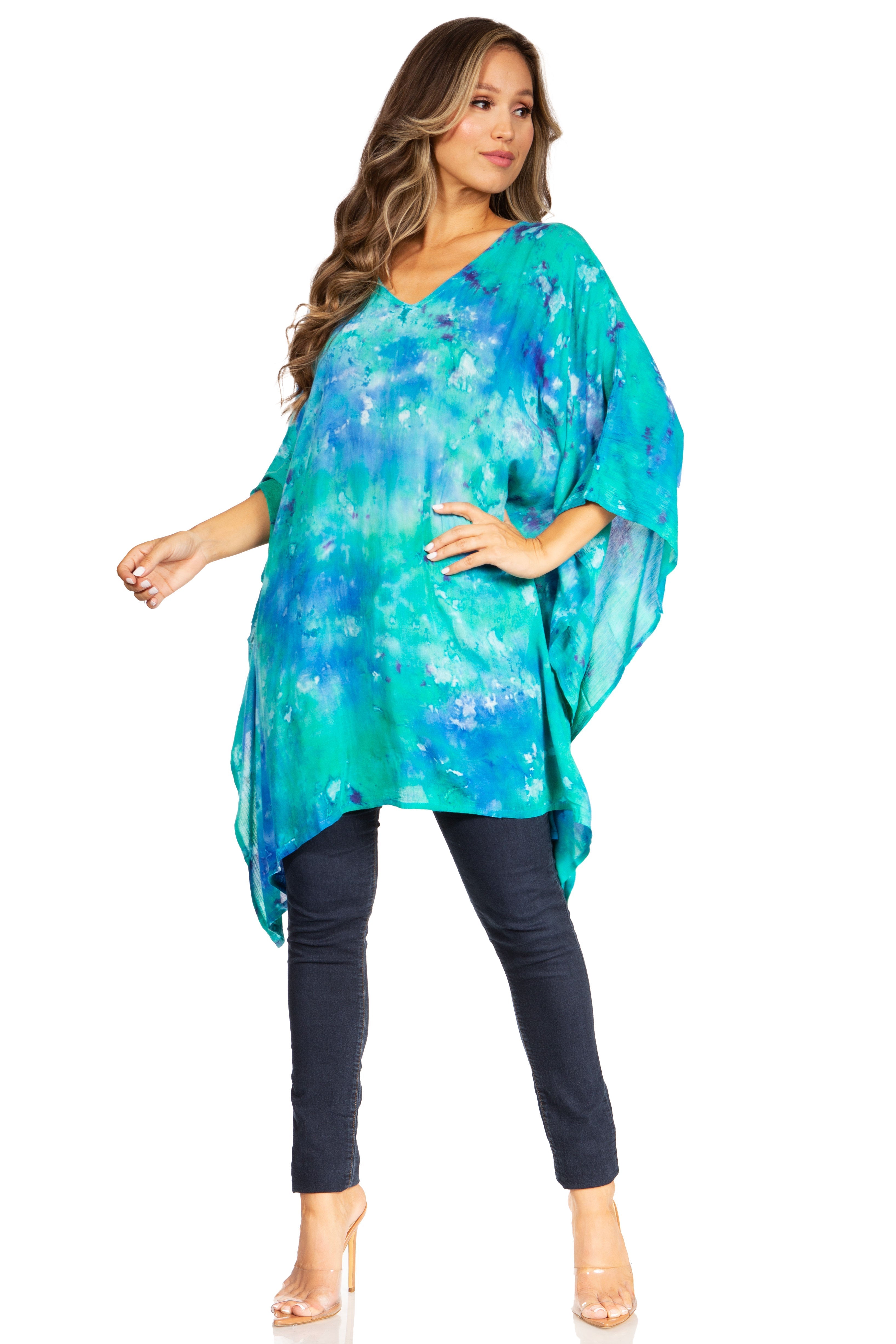 Sakkas - Adalwin Second Tie Dye Desert Sun Circle Poncho Tunic Top Blouse W/Embroidery