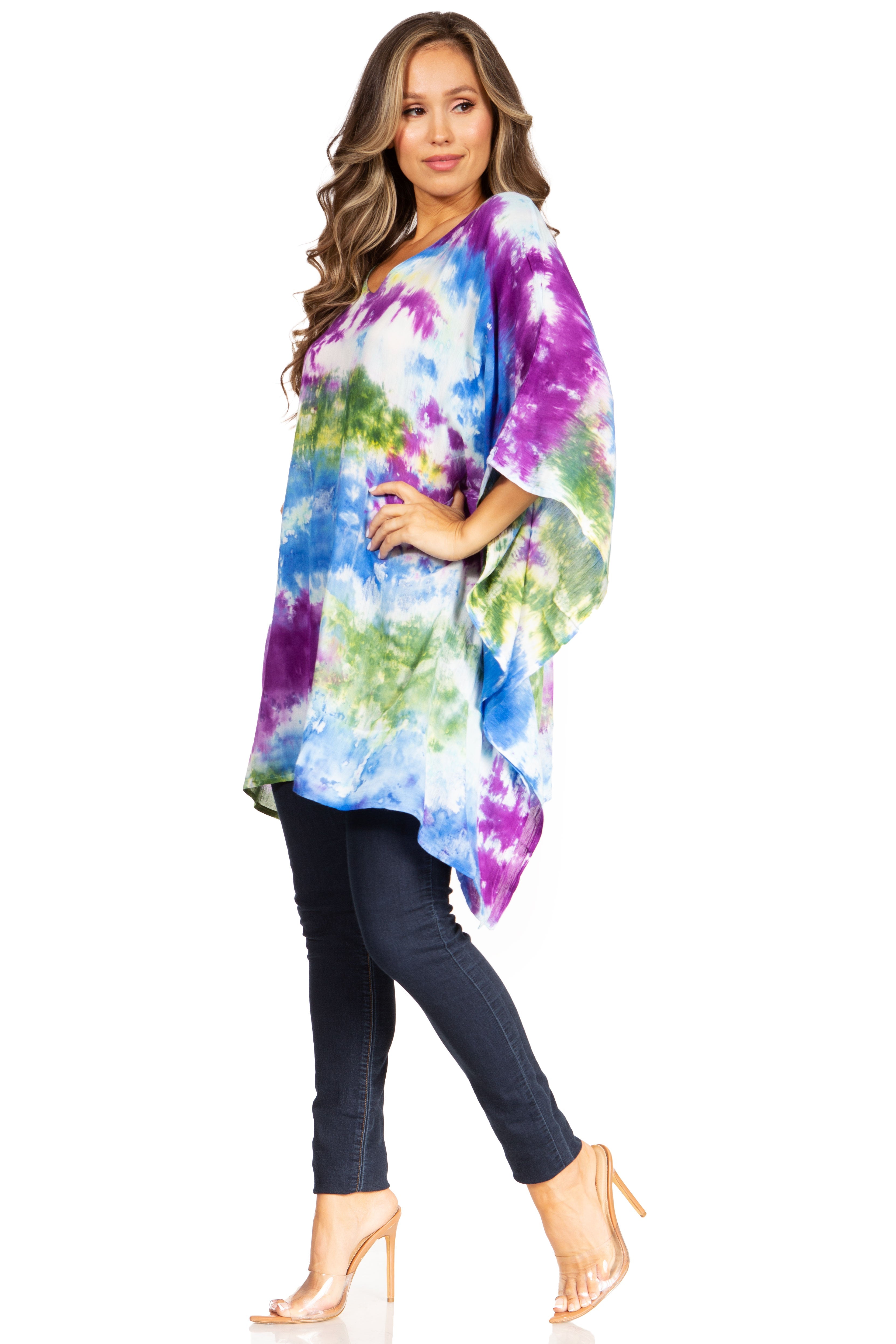 Sakkas - Adalwin Second Tie Dye Desert Sun Circle Poncho Tunic Top Blouse W/Embroidery