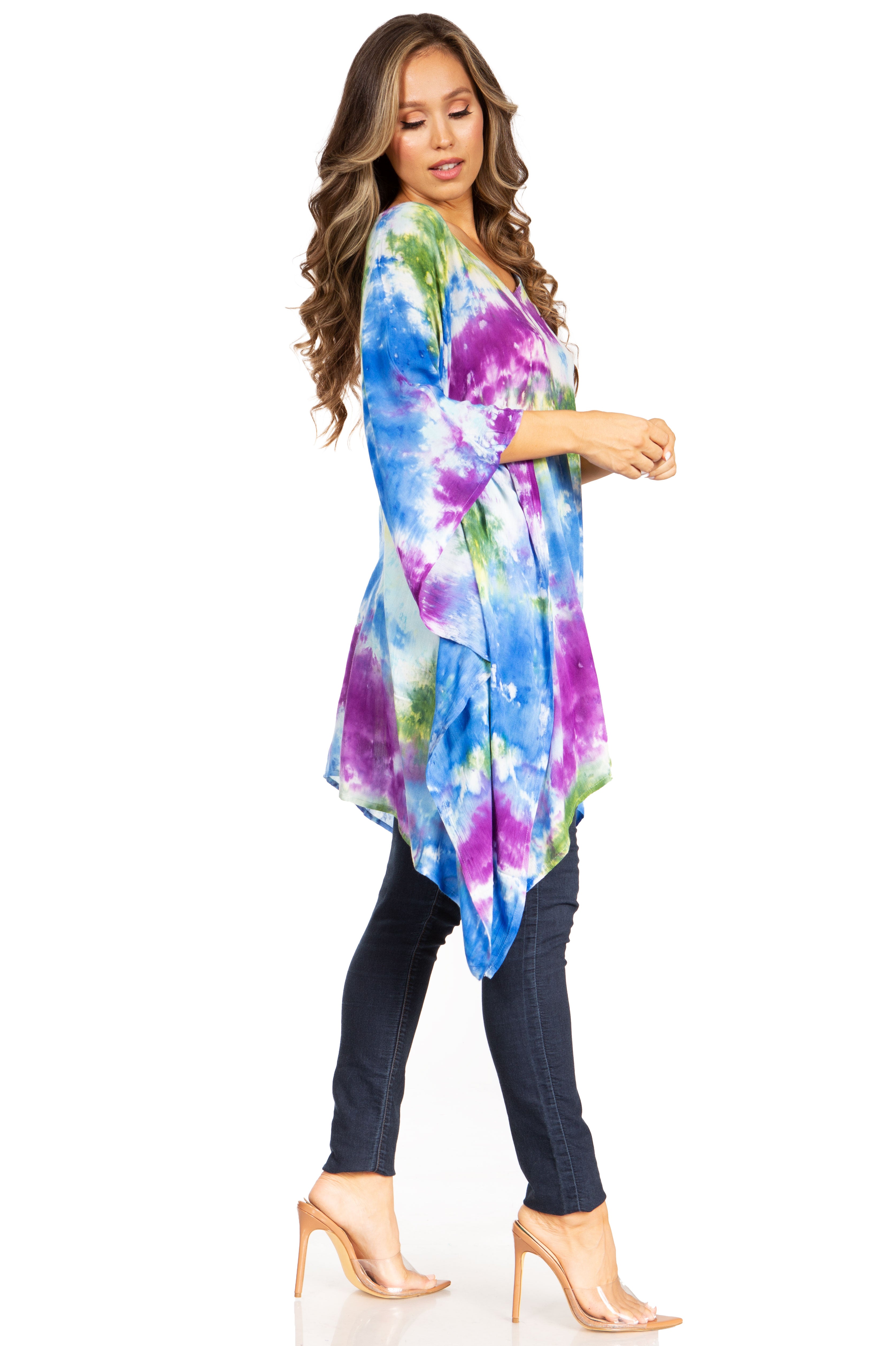 Sakkas - Adalwin Second Tie Dye Desert Sun Circle Poncho Tunic Top Blouse W/Embroidery