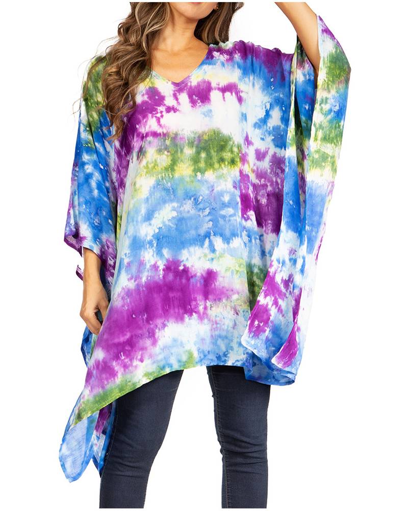 Sakkas - Adalwin Second Tie Dye Desert Sun Circle Poncho Tunic Top Blouse W/Embroidery