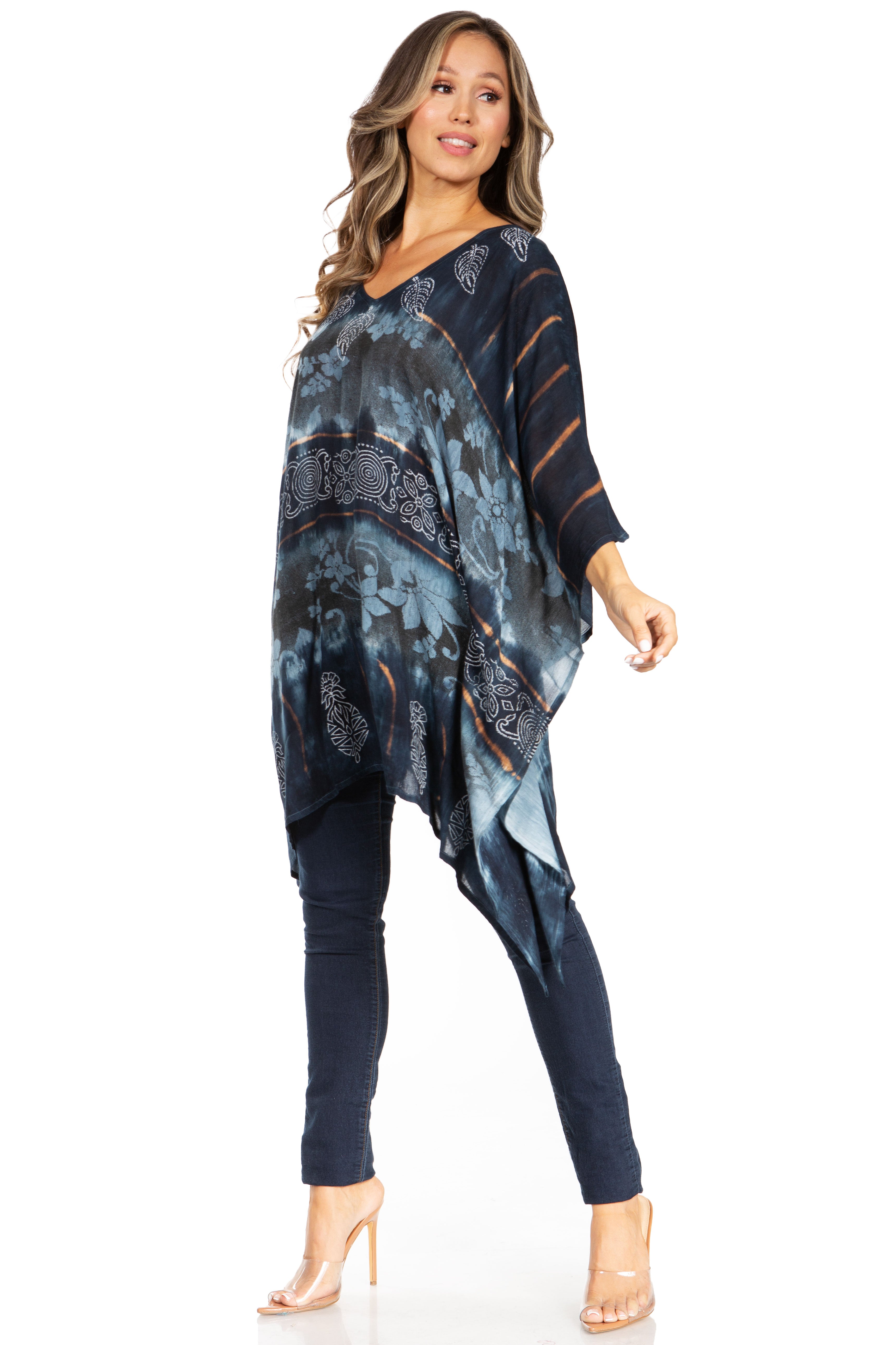 Sakkas - Adalwin Second Tie Dye Desert Sun Circle Poncho Tunic Top Blouse W/Embroidery