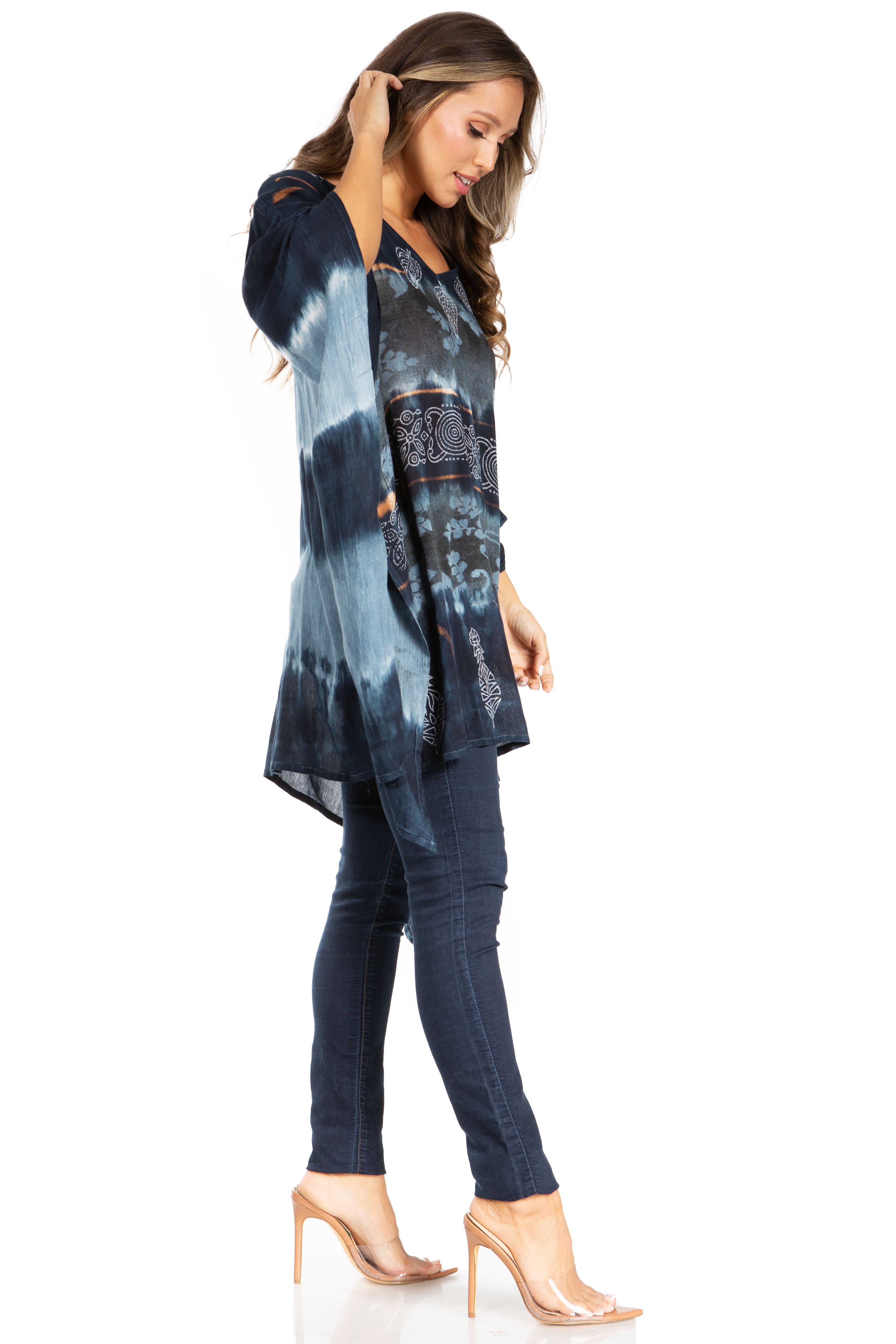 Sakkas - Adalwin Second Tie Dye Desert Sun Circle Poncho Tunic Top Blouse W/Embroidery