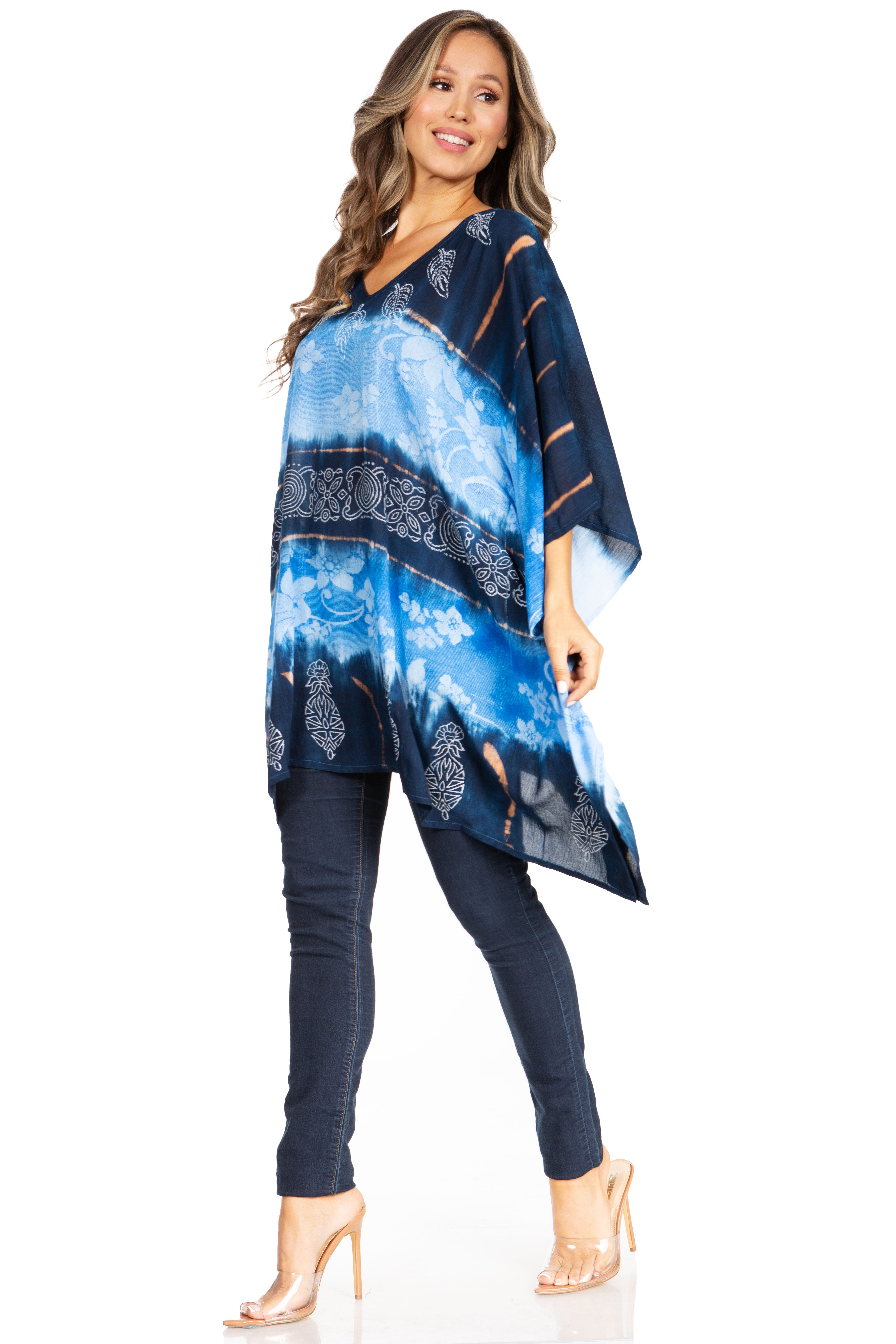 Sakkas - Adalwin Second Tie Dye Desert Sun Circle Poncho Tunic Top Blouse W/Embroidery