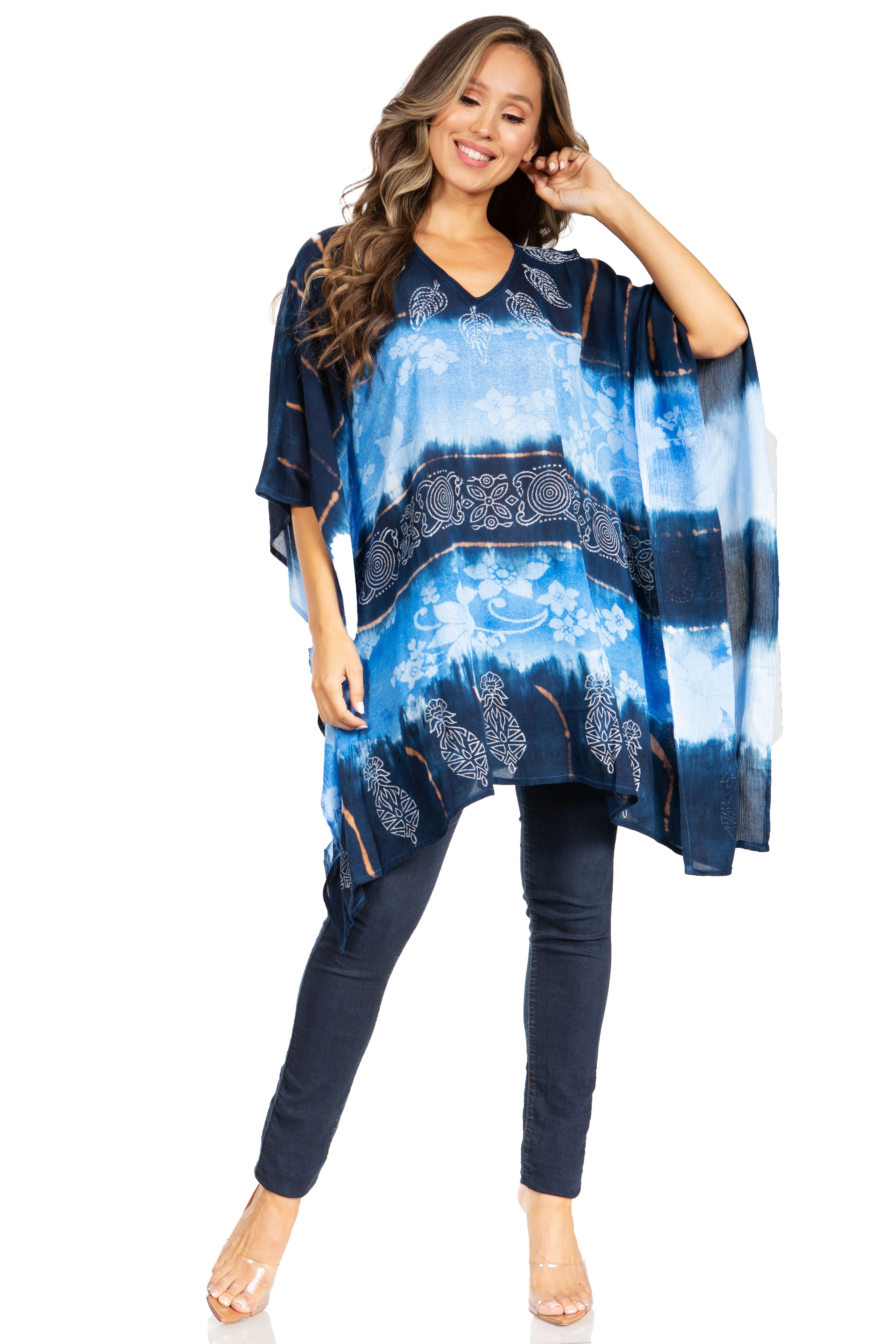 Sakkas - Adalwin Second Tie Dye Desert Sun Circle Poncho Tunic Top Blouse W/Embroidery