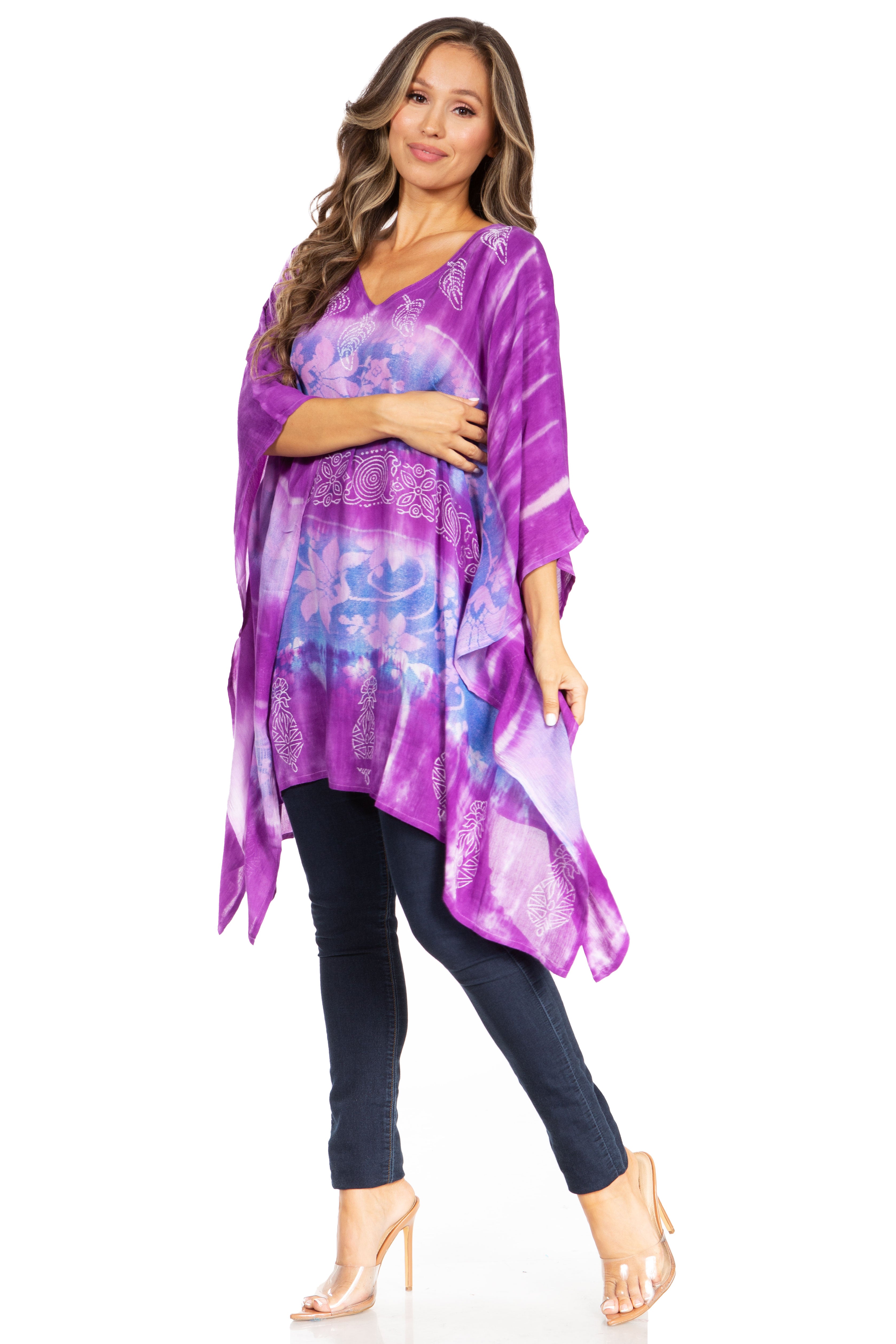 Sakkas - Adalwin Second Tie Dye Desert Sun Circle Poncho Tunic Top Blouse W/Embroidery