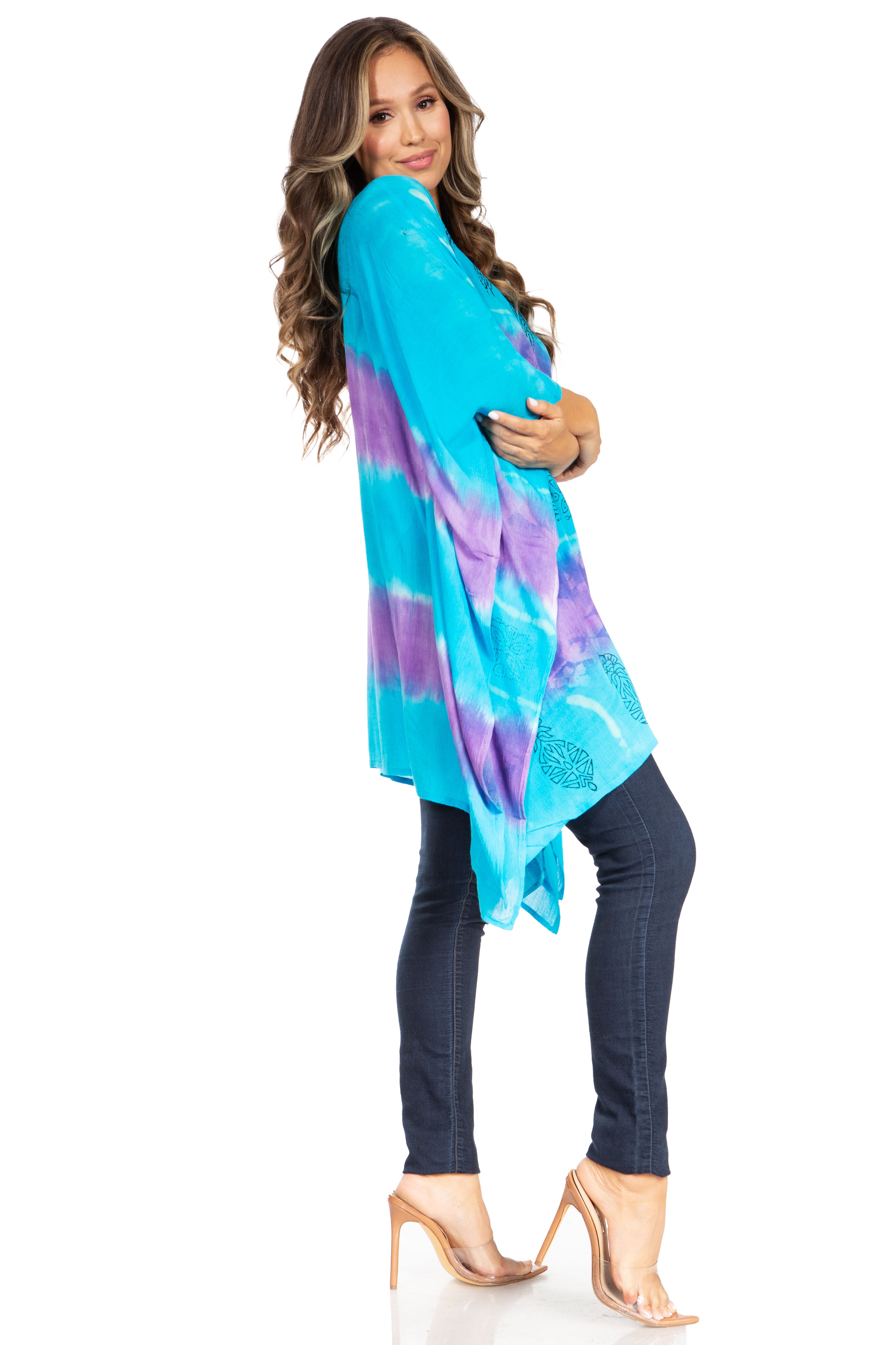 Sakkas - Adalwin Second Tie Dye Desert Sun Circle Poncho Tunic Top Blouse W/Embroidery