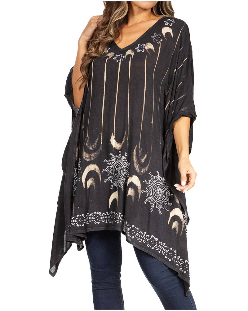 Black poncho with celestial pattern worn by a model on a white background