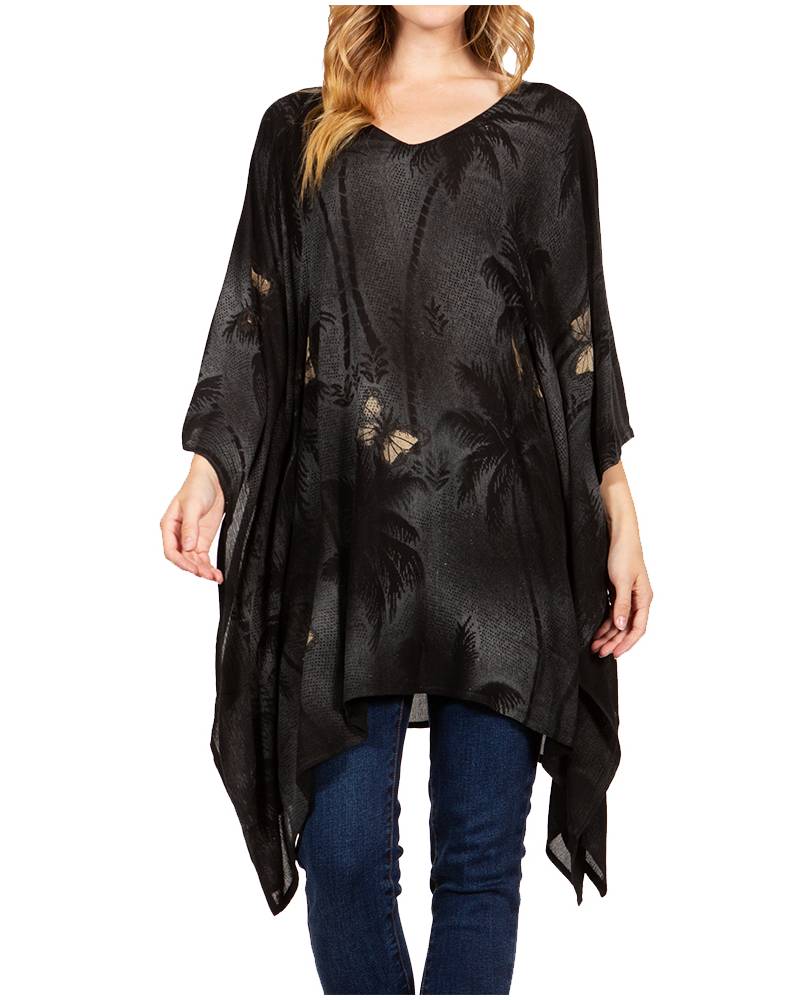 Black floral patterned top worn by a person on a white background
