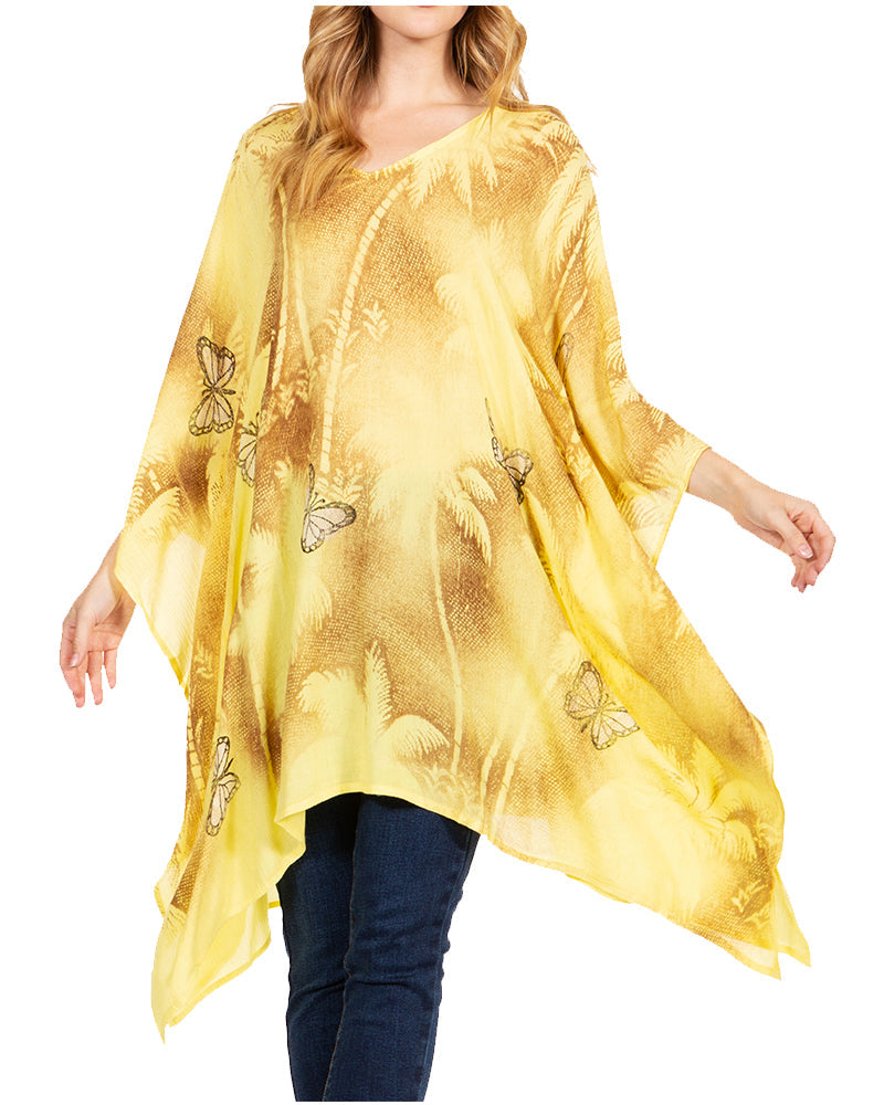 Yellow butterfly-patterned kimono over a dark blue outfit on a white background