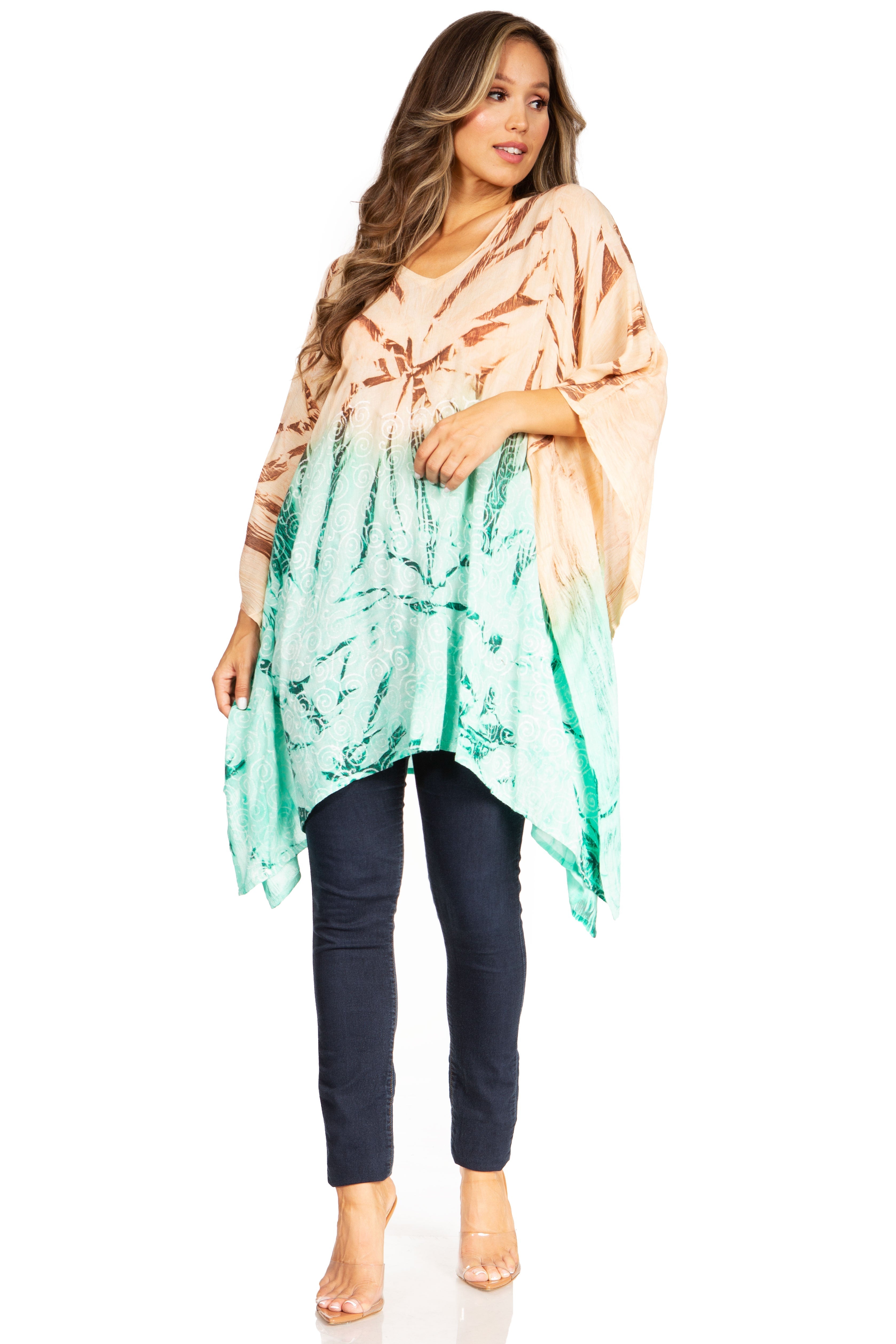 Woman wearing a colorful kimono-style garment with a white background