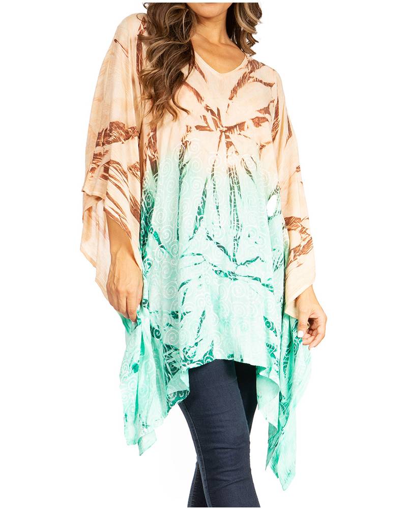 Woman wearing a tie-dye kimono-style top with a white background
