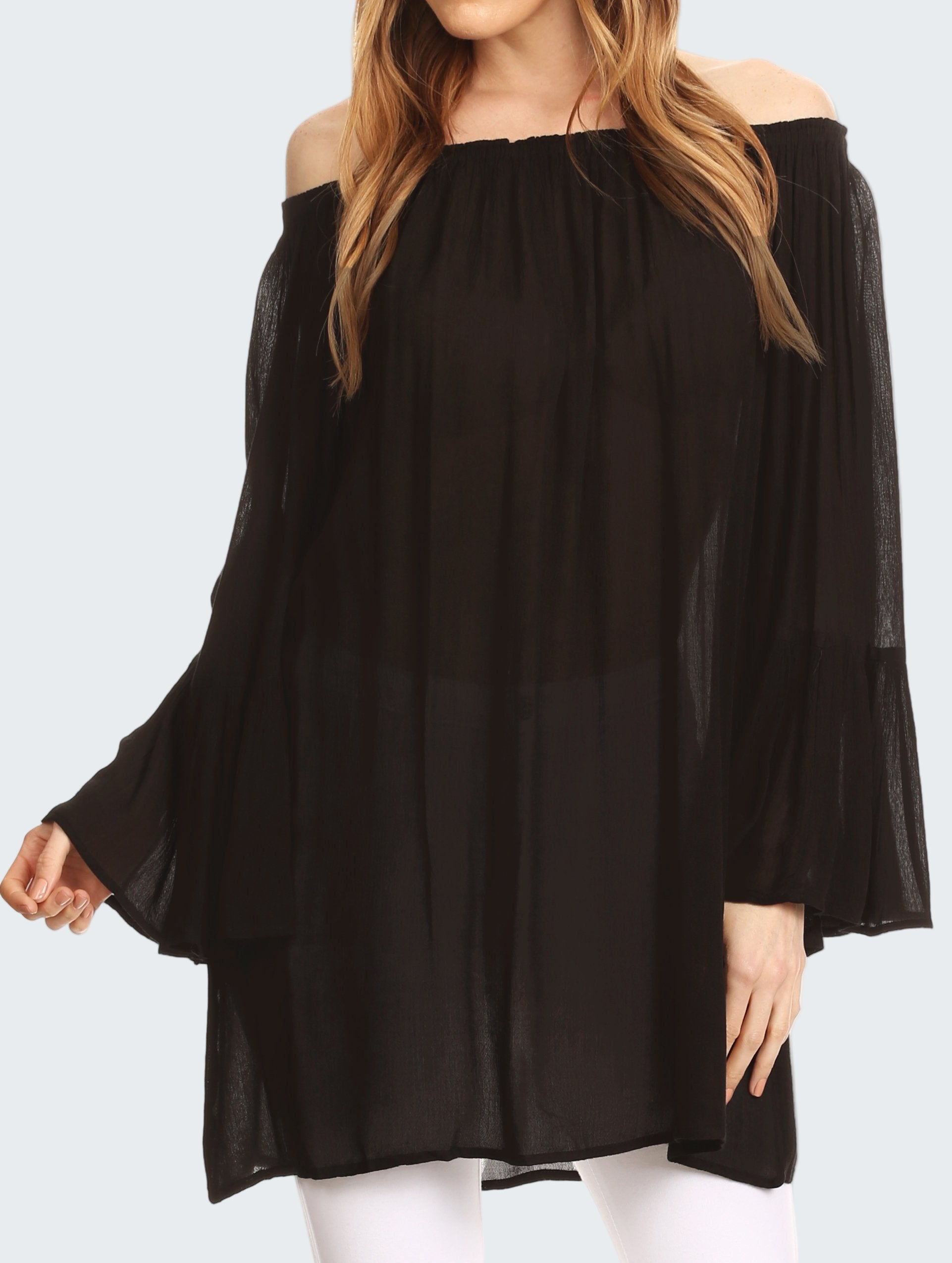 Black off-shoulder blouse worn by a model on a white background