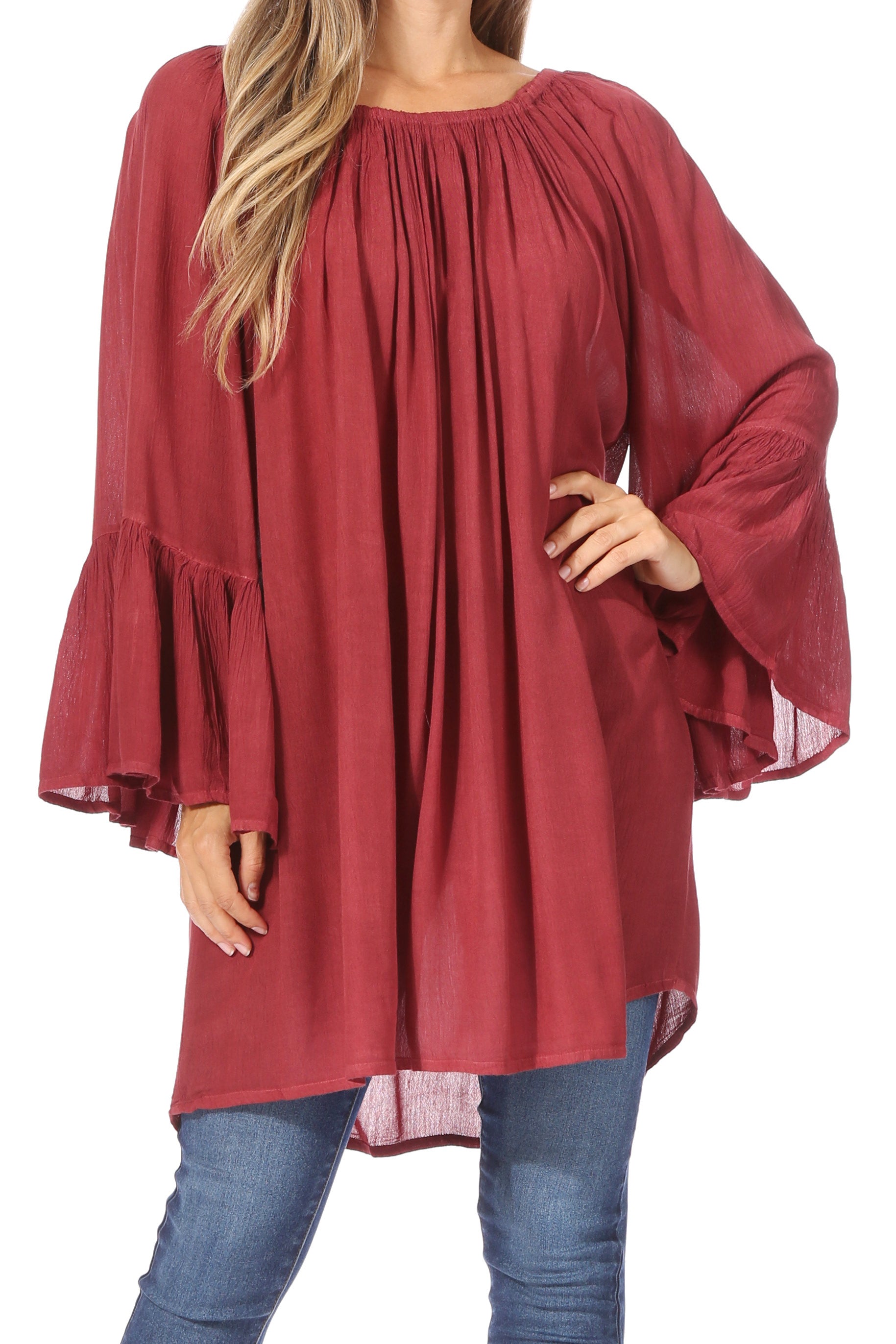 Sakkas - Anna Casual Flowy Wide Neck 3/4 Sleeve Light Blouse