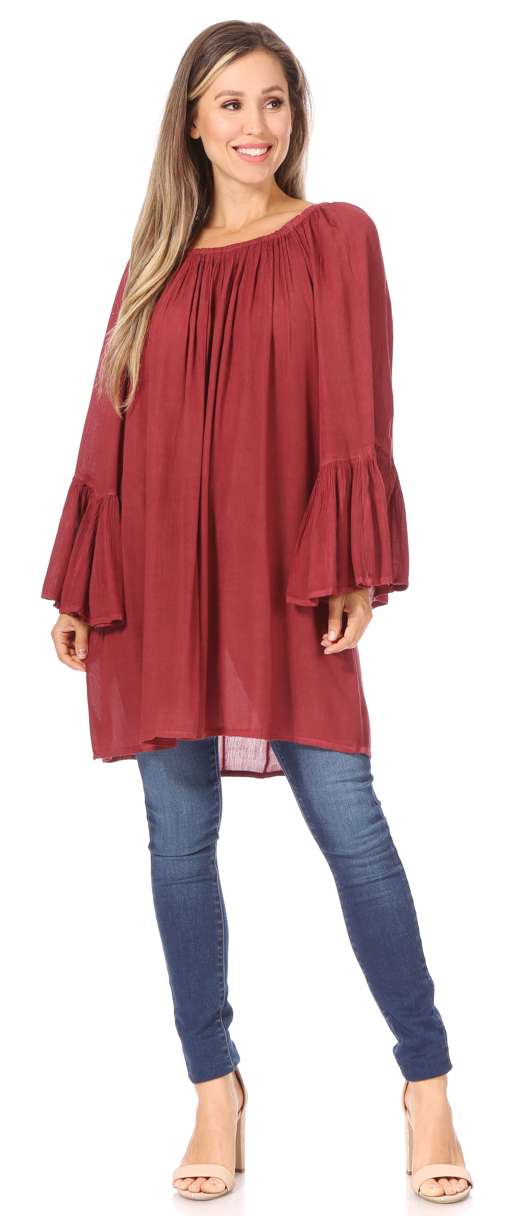 Sakkas - Anna Casual Flowy Wide Neck 3/4 Sleeve Light Blouse