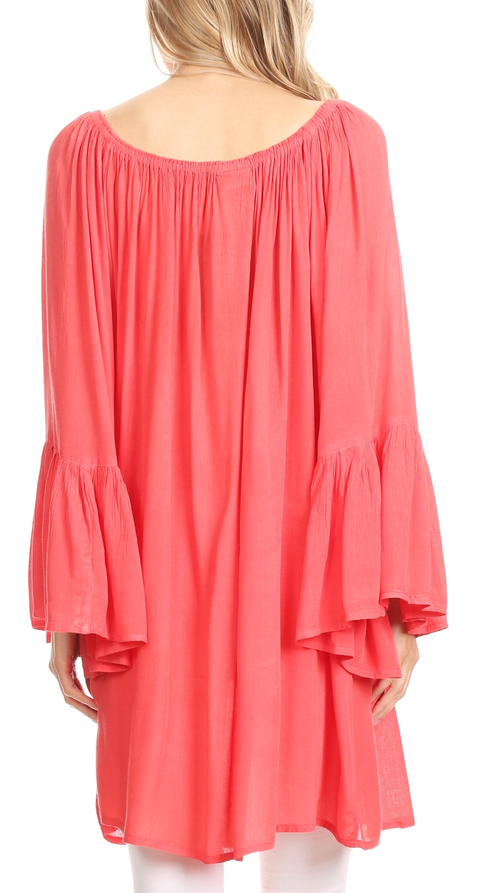 Coral dress with bell sleeves on a white background