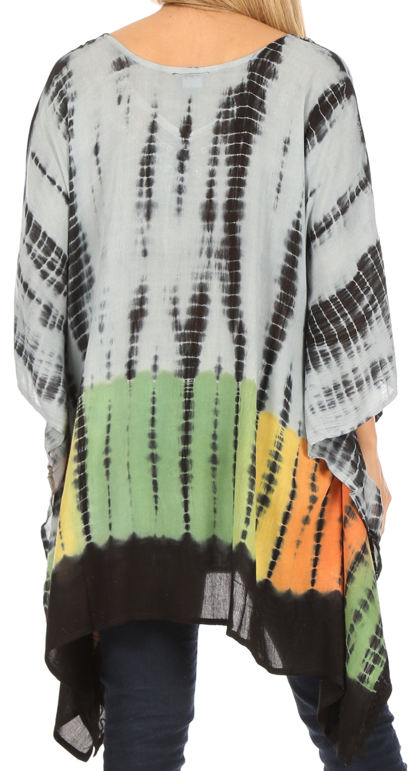 Tie-dye patterned sweater with colorful panels on a white background