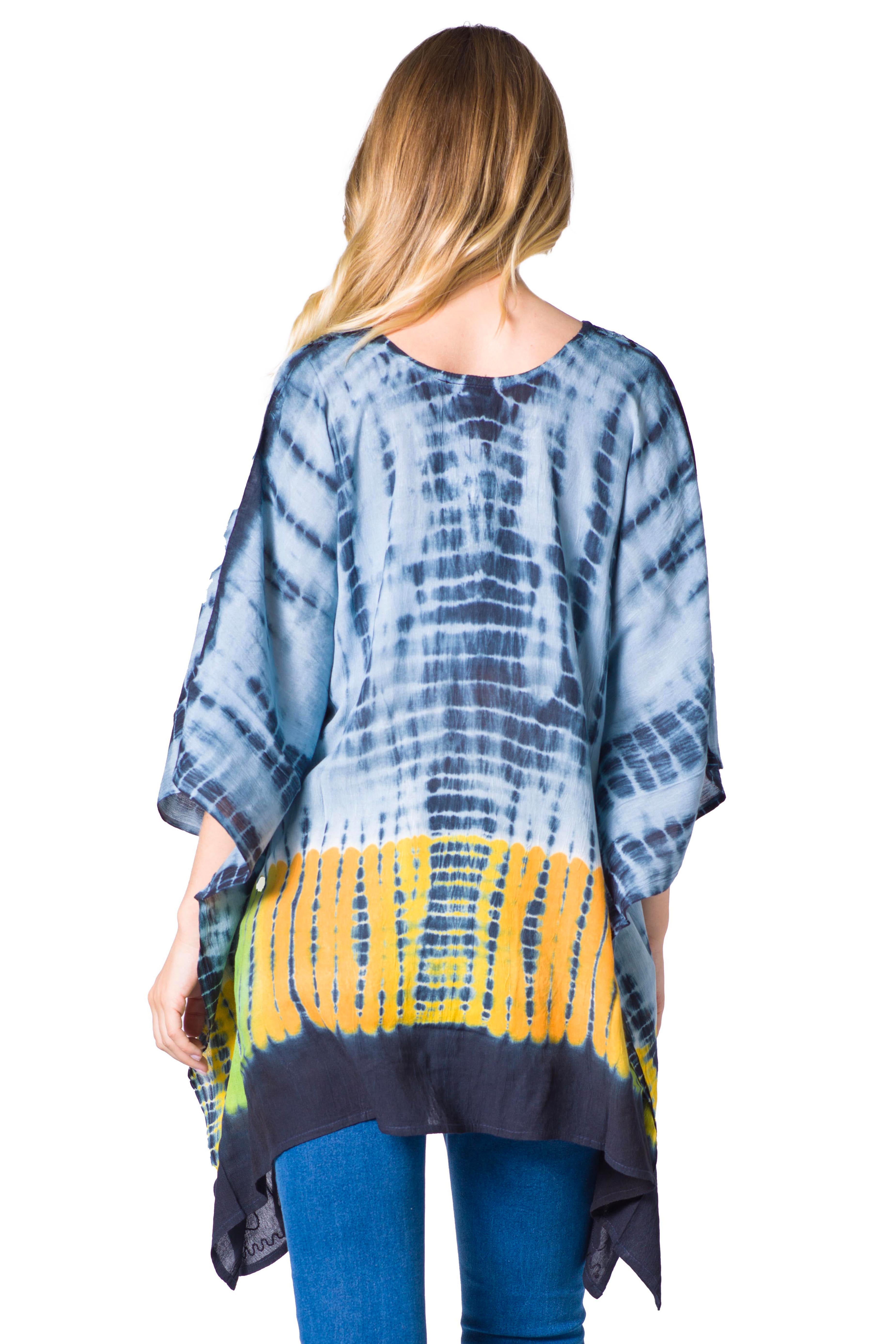Sakkas - Eliana Wide Long Tall Embroidered Tie Dye Ombre Batik Poncho Top Blouse