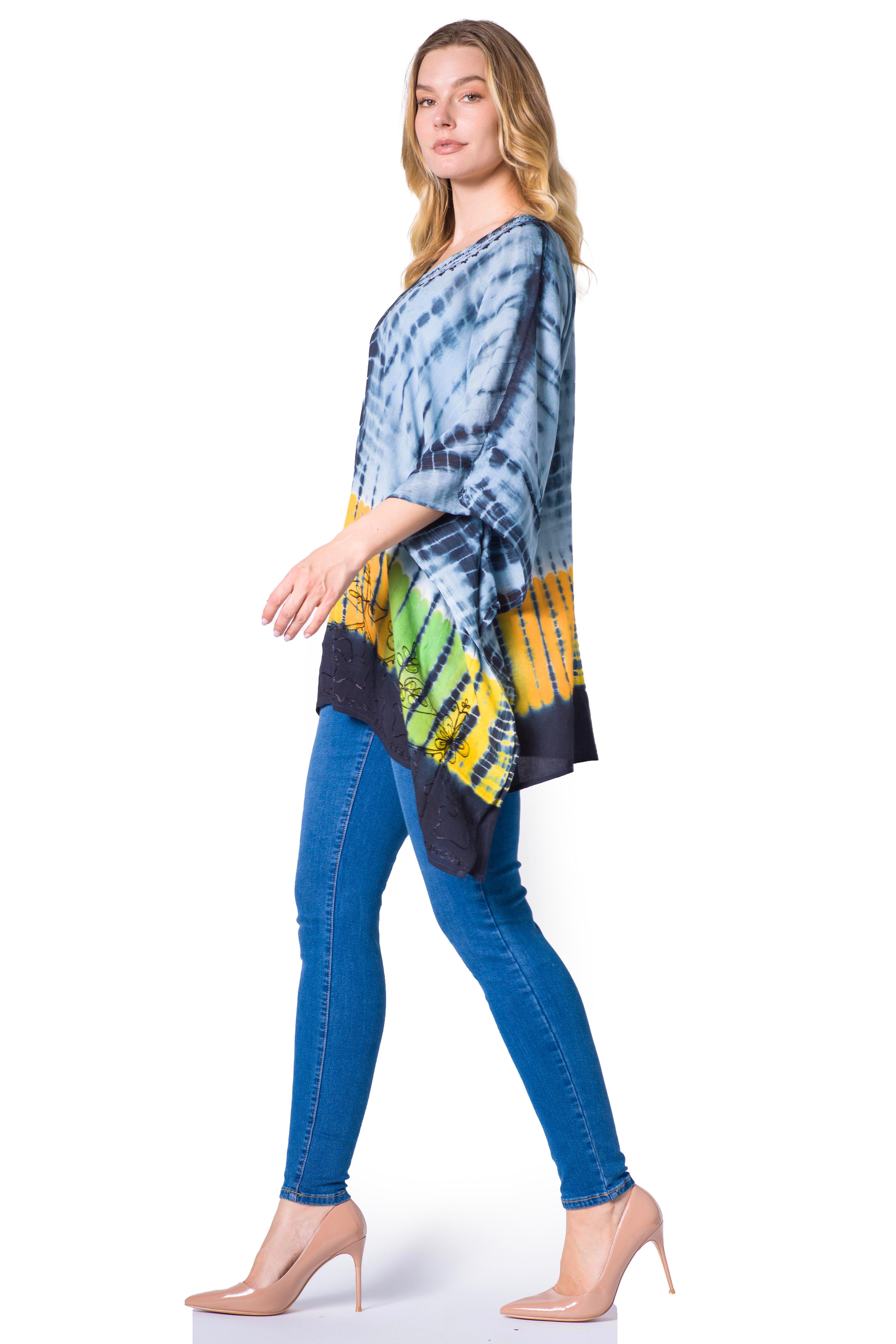 Sakkas - Eliana Wide Long Tall Embroidered Tie Dye Ombre Batik Poncho Top Blouse