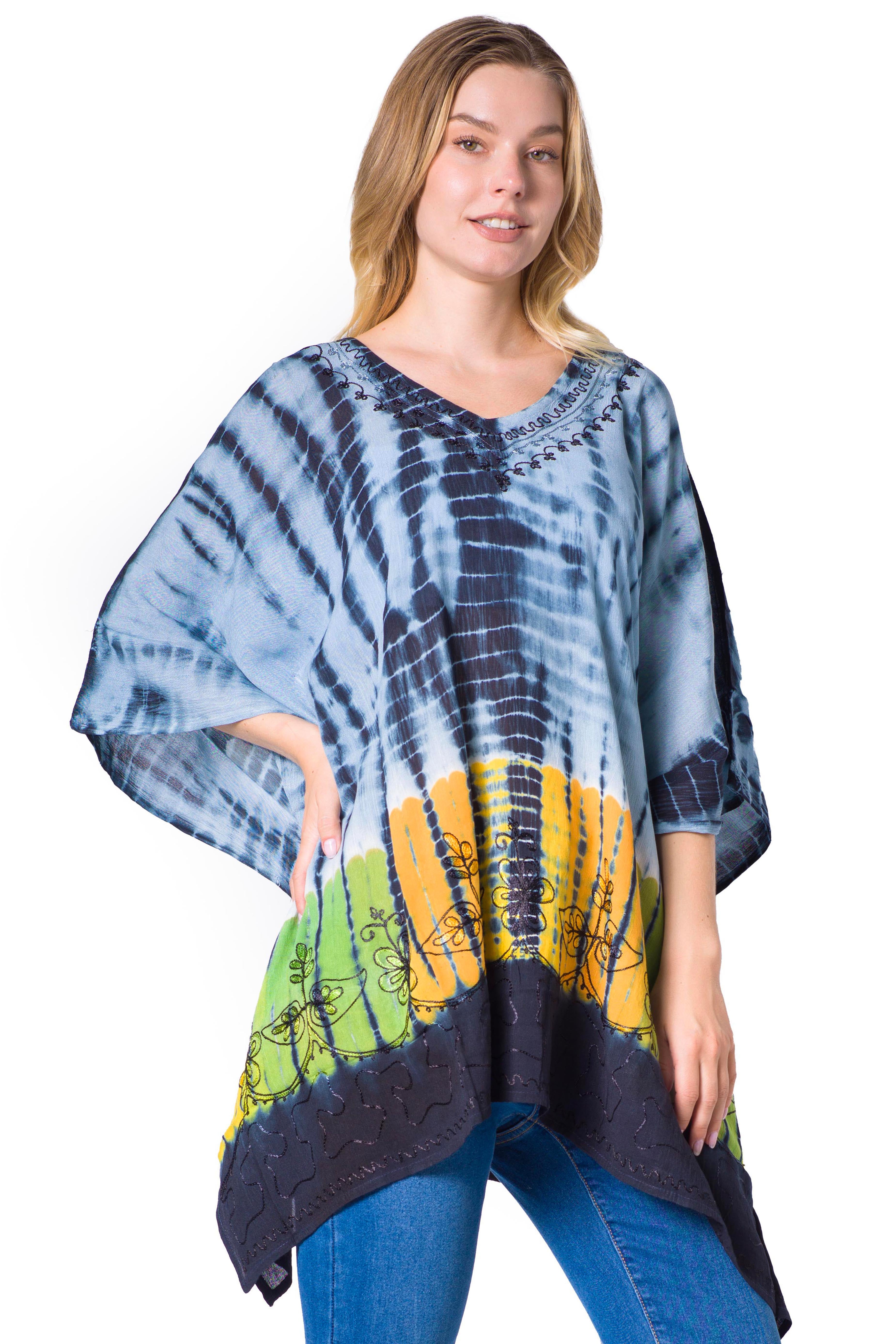 Sakkas - Eliana Wide Long Tall Embroidered Tie Dye Ombre Batik Poncho Top Blouse