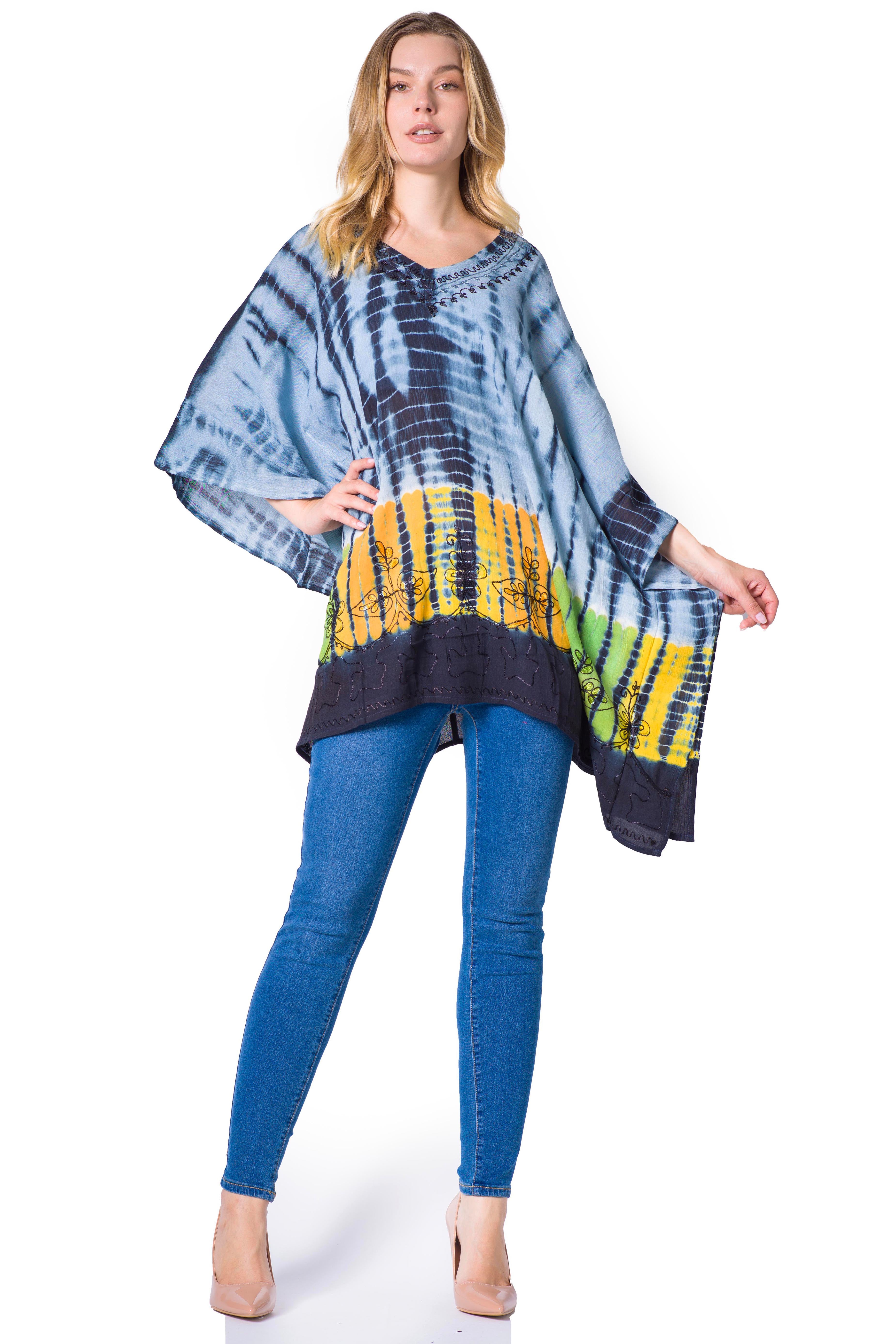 Sakkas - Eliana Wide Long Tall Embroidered Tie Dye Ombre Batik Poncho Top Blouse