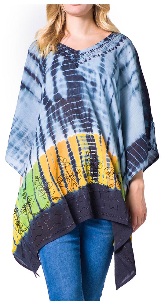 Sakkas - Eliana Wide Long Tall Embroidered Tie Dye Ombre Batik Poncho Top Blouse
