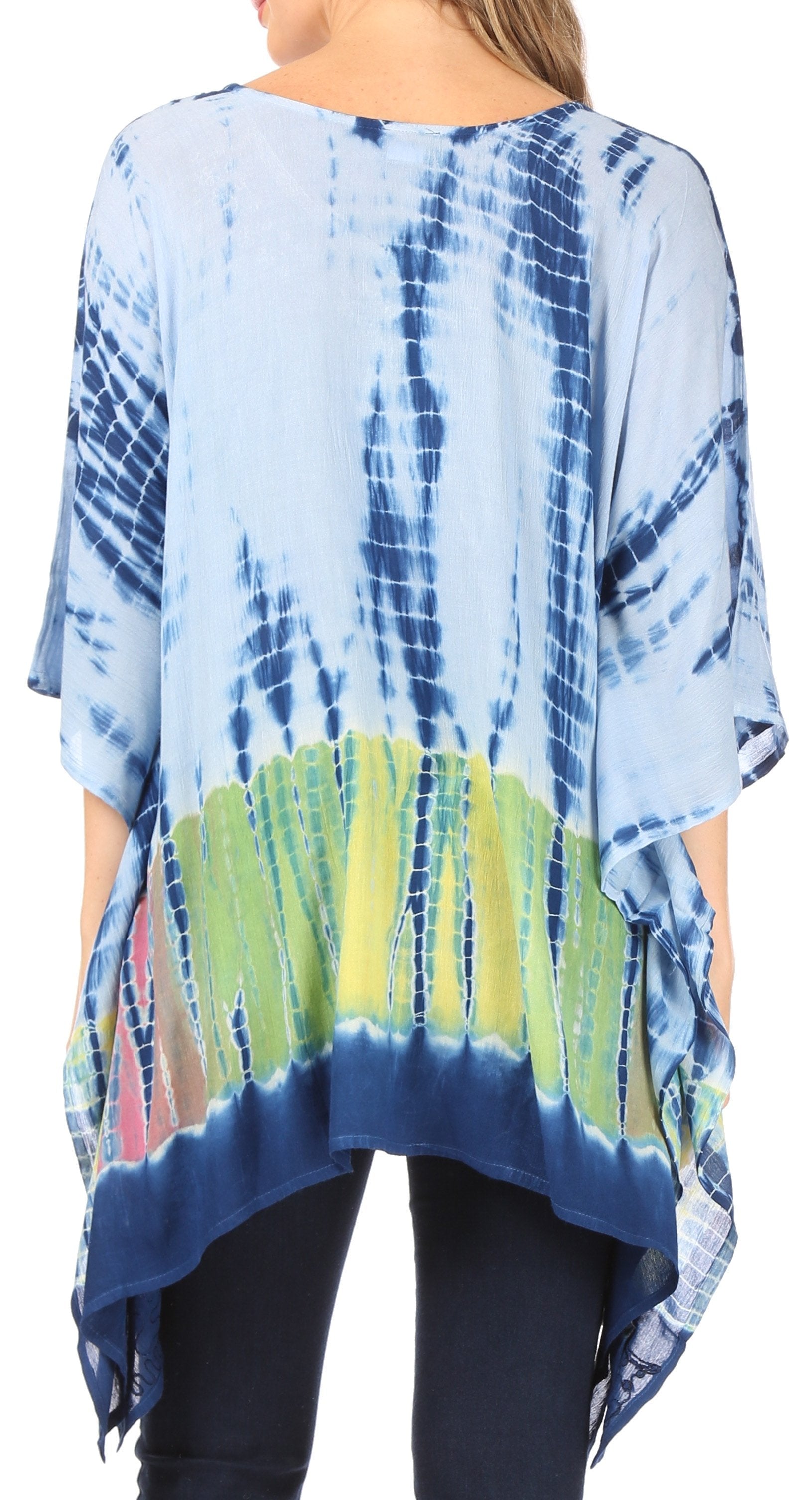 Tie-dye shirt with blue, green, and multicolor pattern on a white background