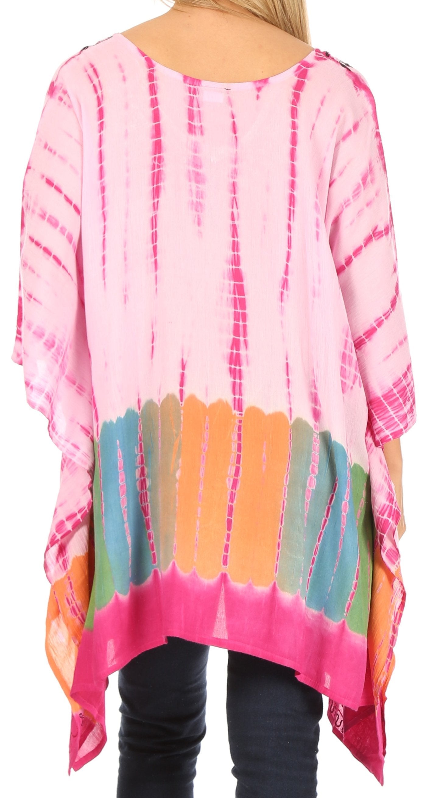 Pink tie-dye shirt with colorful patterns worn by a person