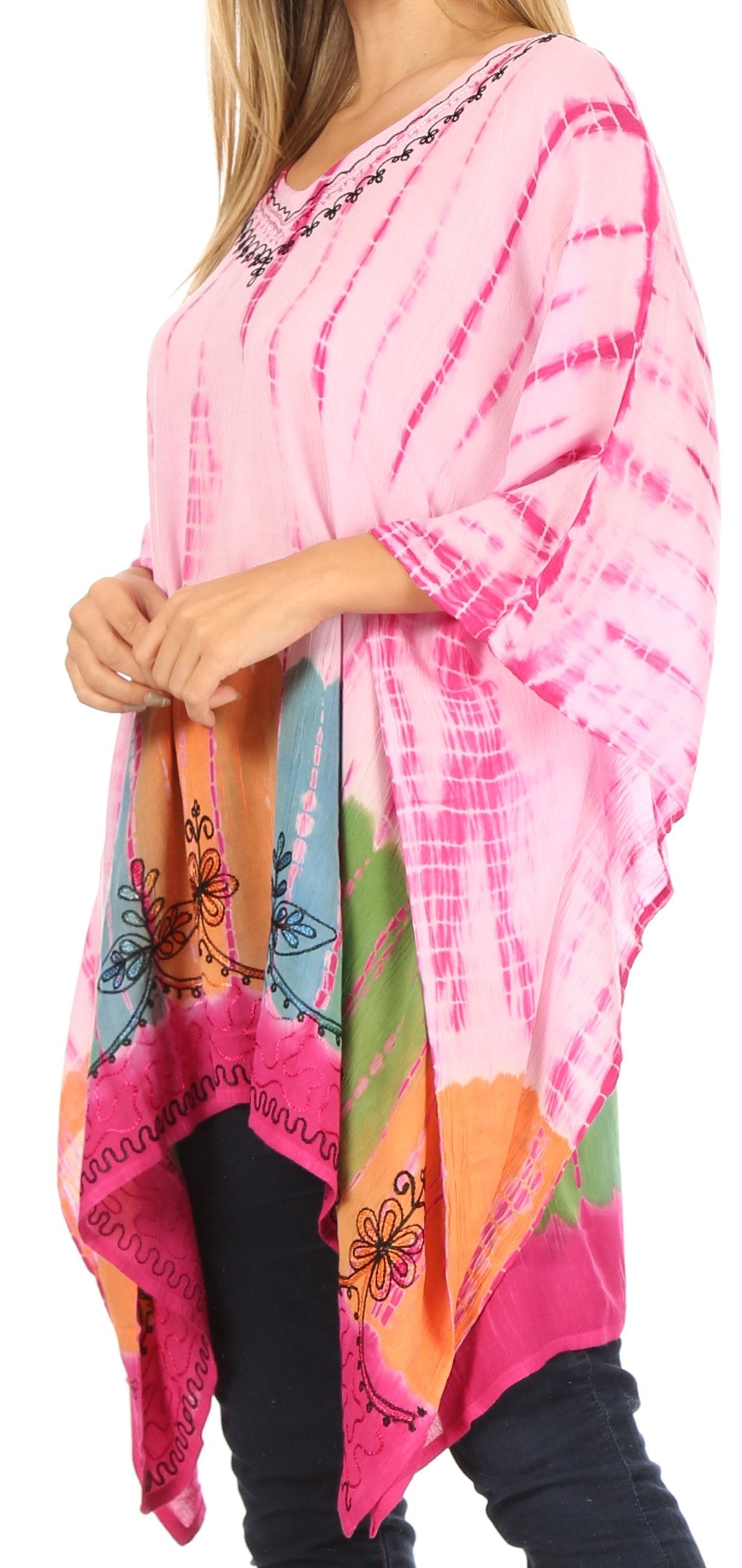 Person wearing a colorful tie-dye kimono with butterfly patterns on a white background