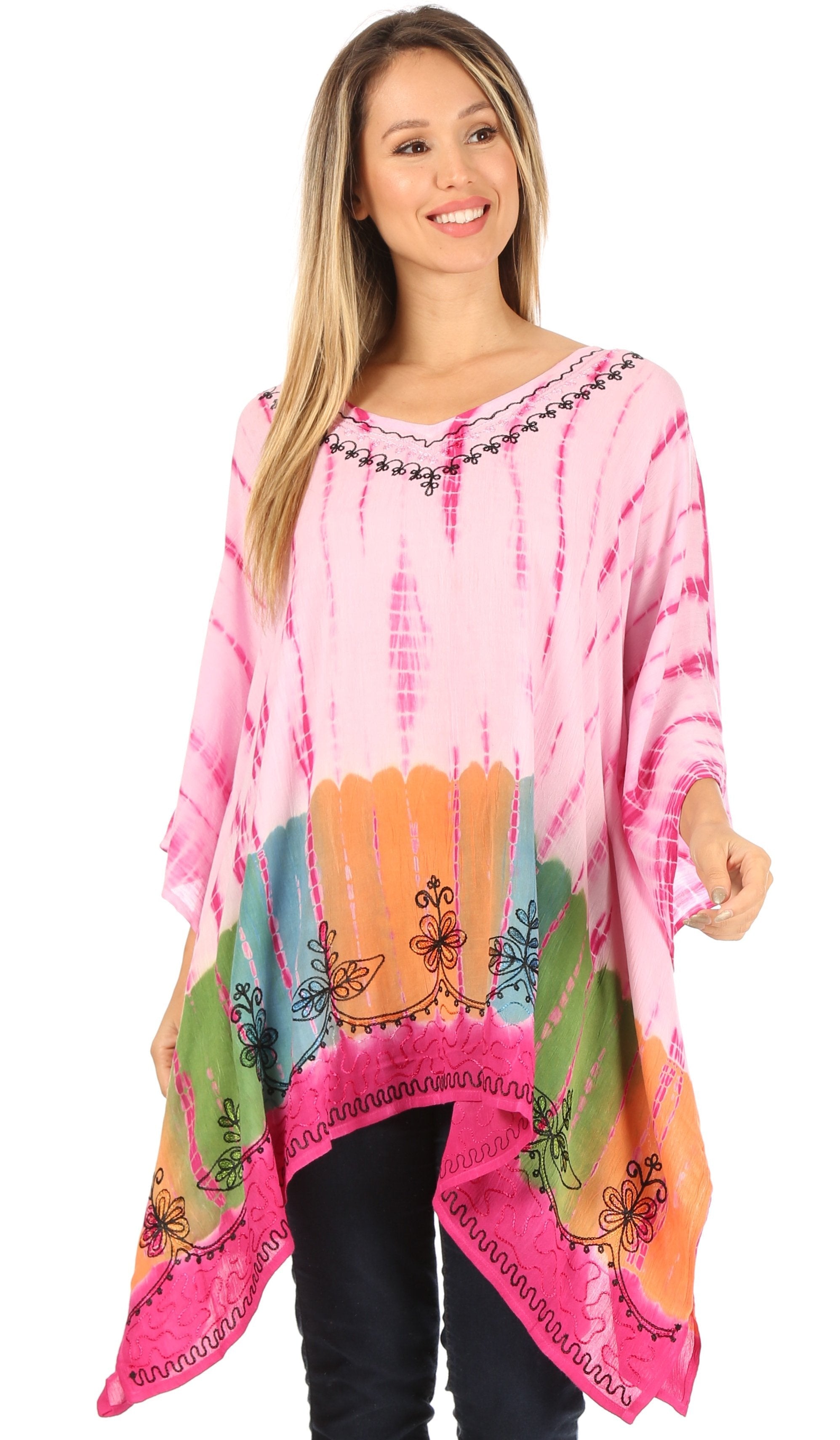 Woman wearing a pink tie-dye blouse with colorful patterns on a white background