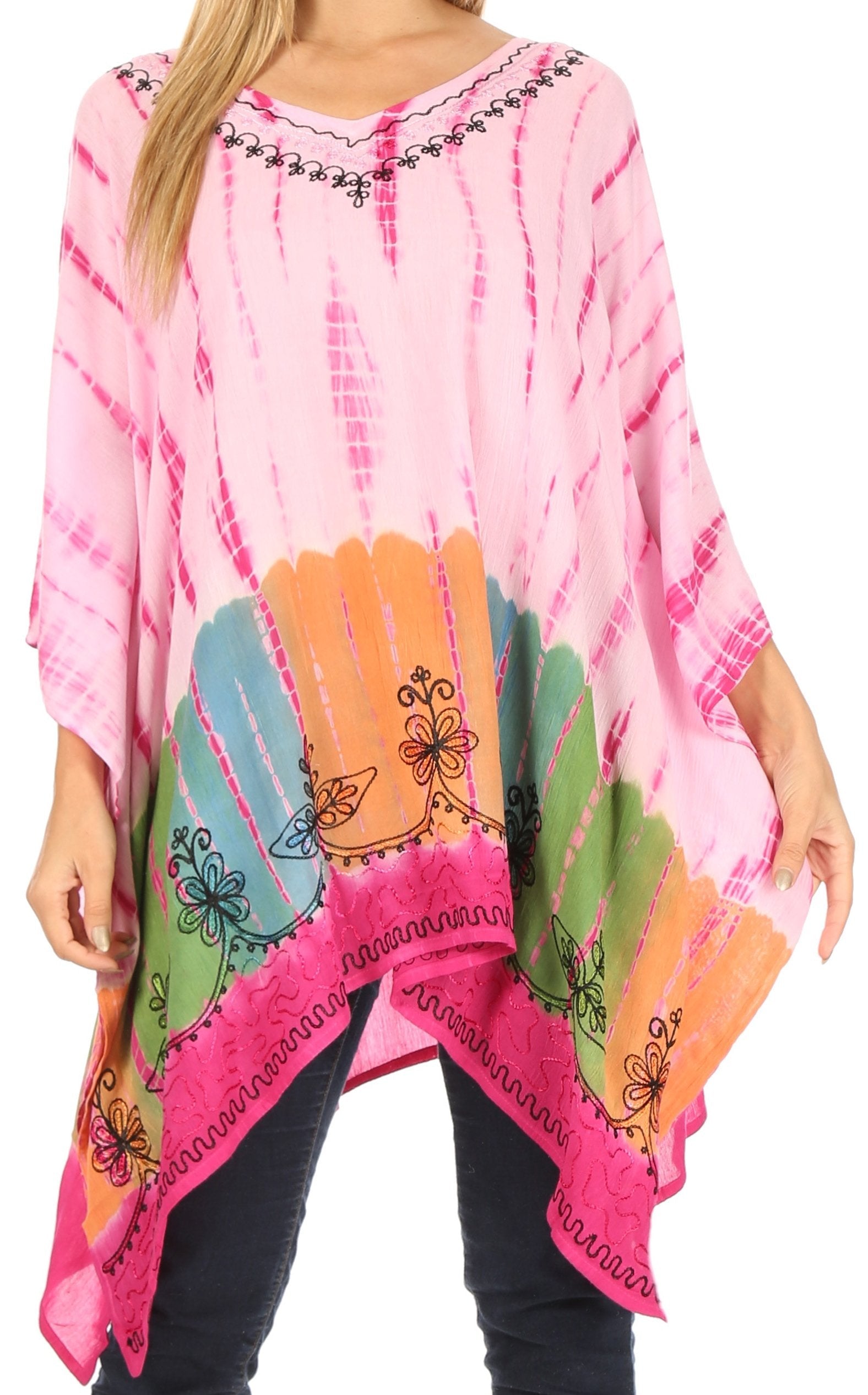 Colorful tie-dye poncho with patterns on a white background