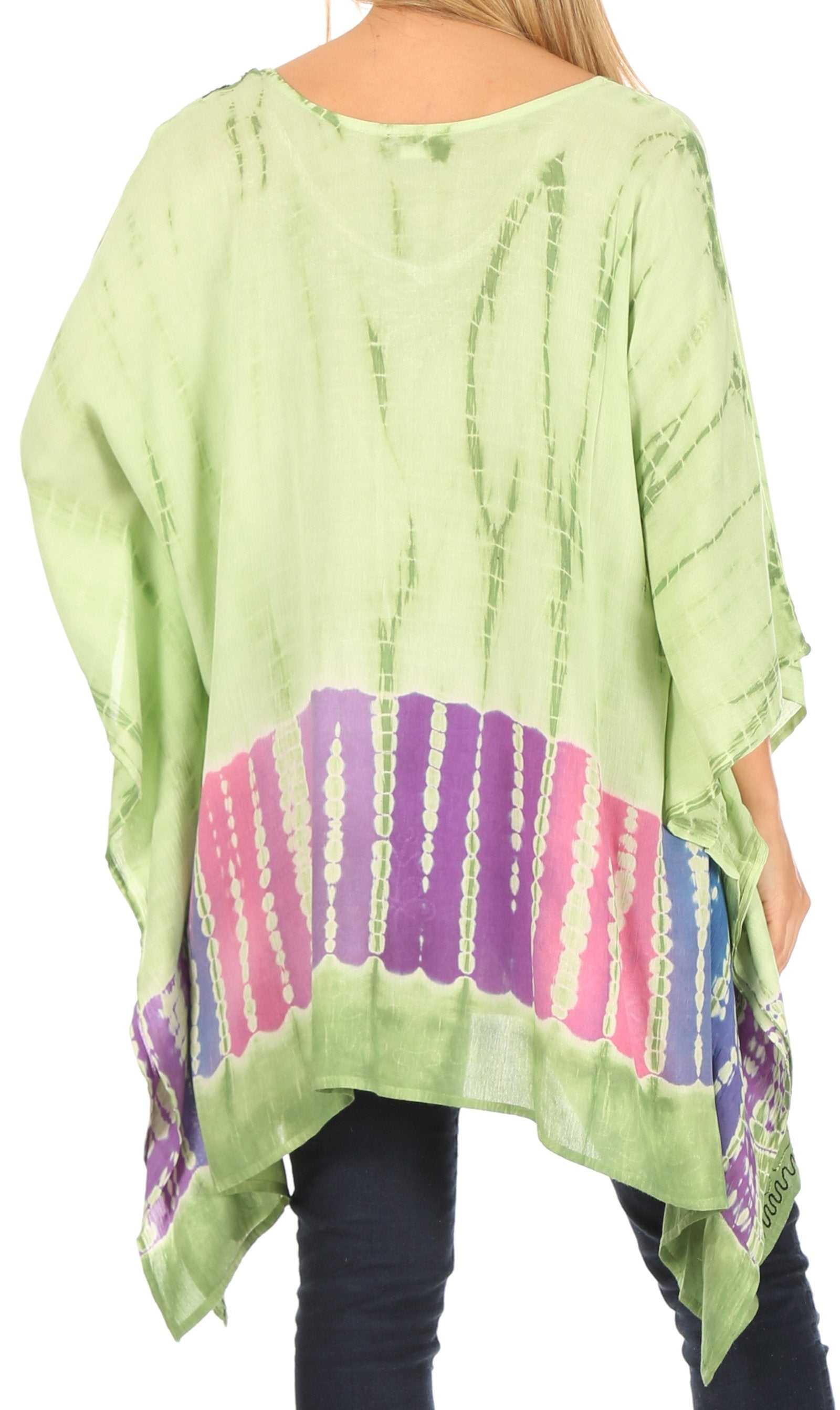 Green poncho with colorful tie-dye pattern on a white background