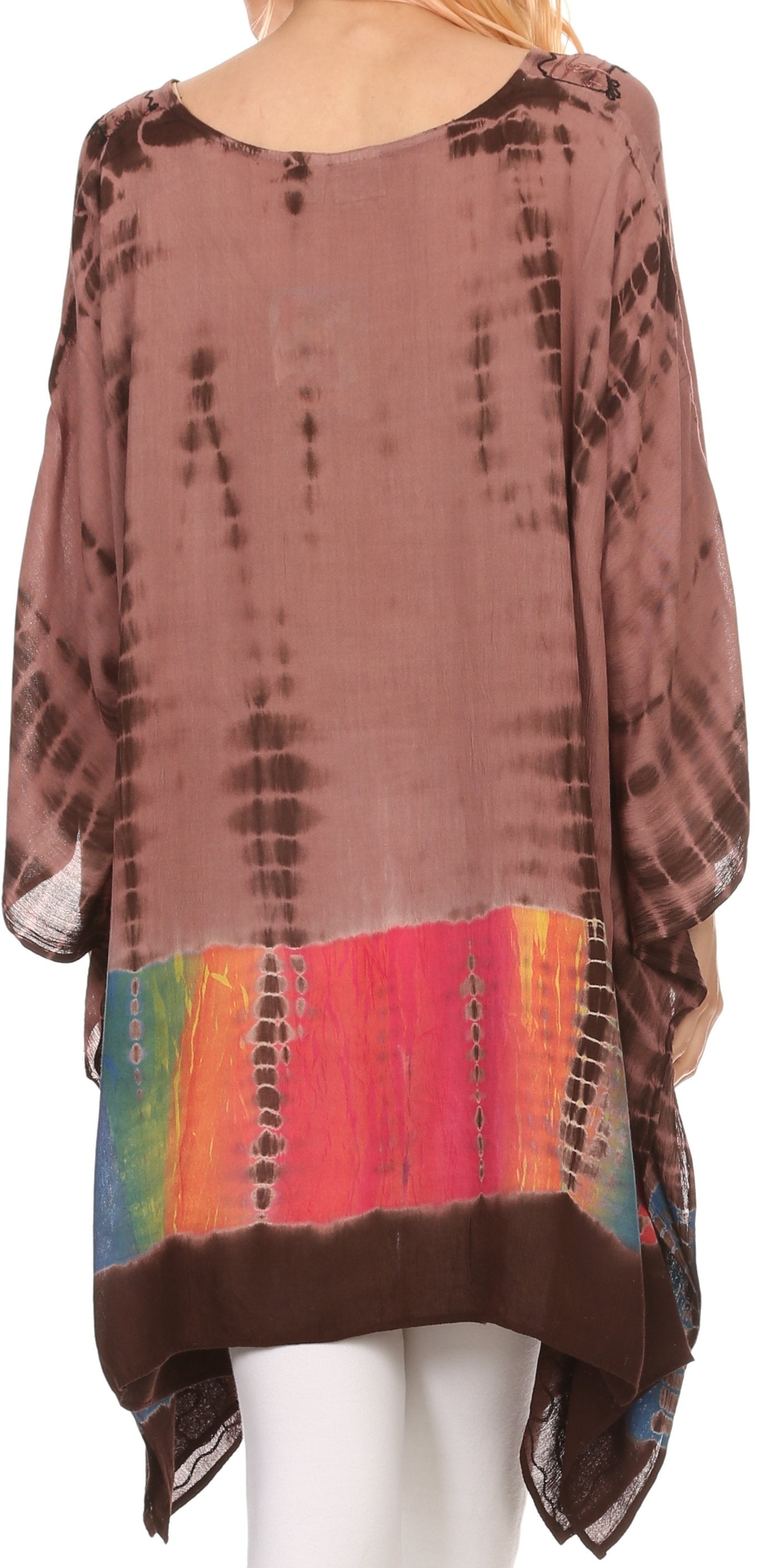 Tie-dye shirt with a colorful hem and brown sleeves and neckline.