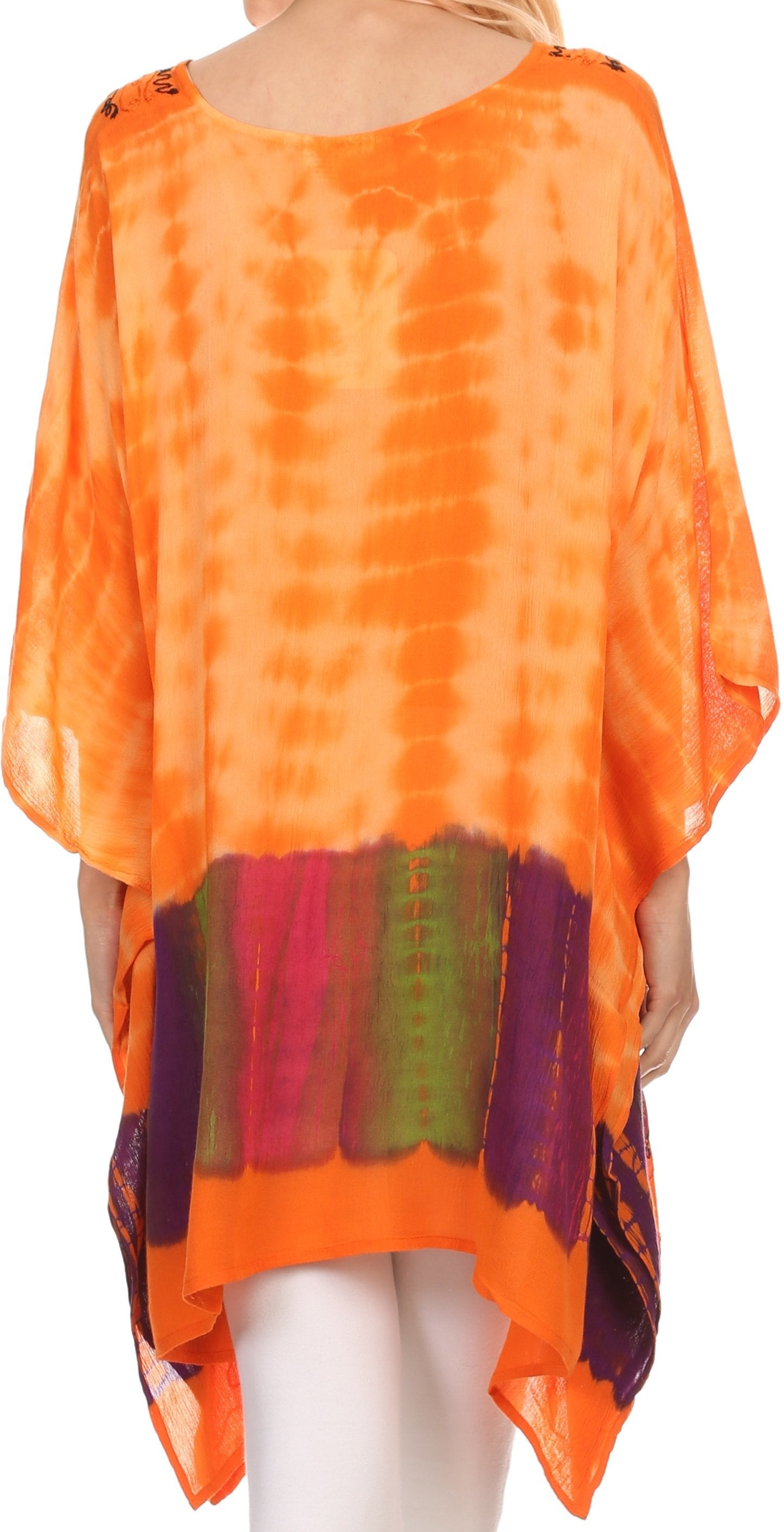 Orange tie-dye shirt with colorful pattern on a plain background
