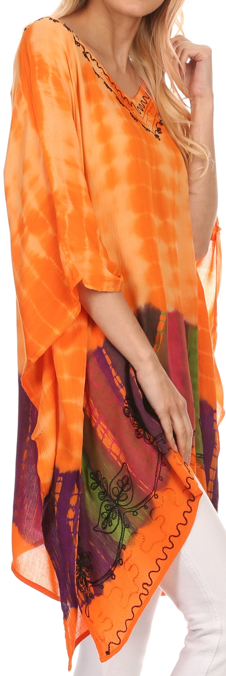 Orange tie-dye kimono-style top with colorful patterns on a plain background